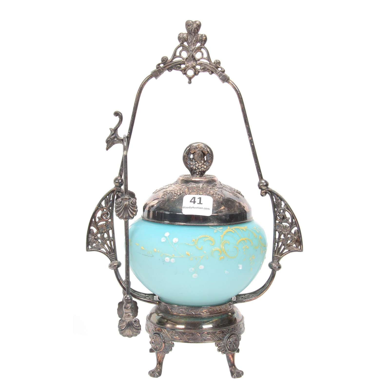 Victorian Pickle Castor, Blue Satin Art Glass Insert: Victorian Pickle Castor, Blue Satin Art Glass Insert, 10.5", Enamel Scroll And Berry Decor, Set On Aurora #1275 Silverplate Frame, Nebraska Collection Of Ron & Pam Blessing