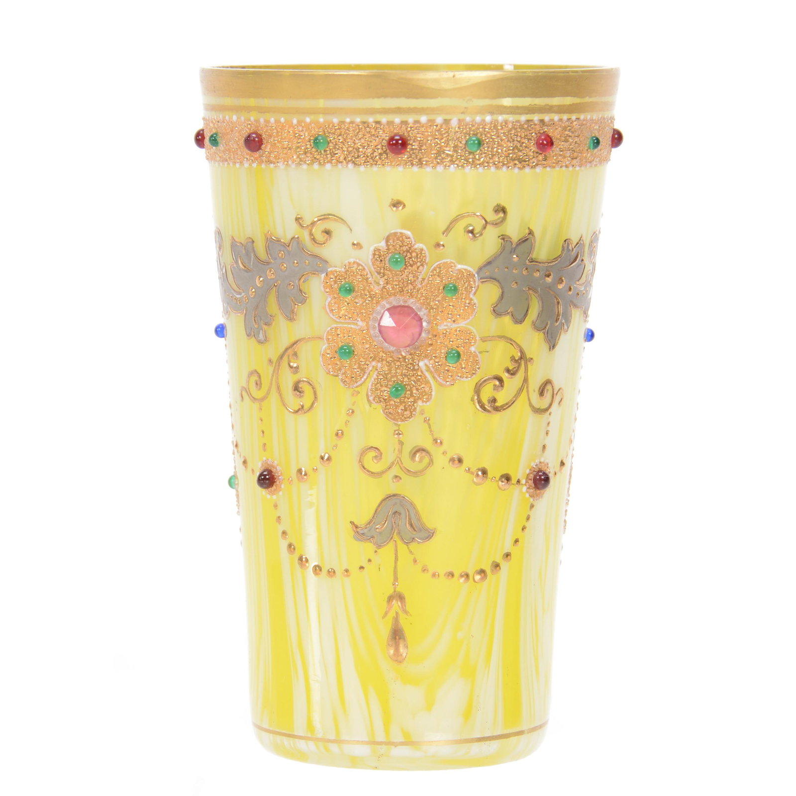 Juice Glass, Moser Yellow/White Cased Art Glass: Juice Glass, Moser Yellow/White Cased Art Glass, 3.875", Silver And Gold Enamel Garland Design With Applied Jewel Highlights, Outside Rim Chip, Rim Polish, Nebraska Collection Of Ron & Pam Blessing
