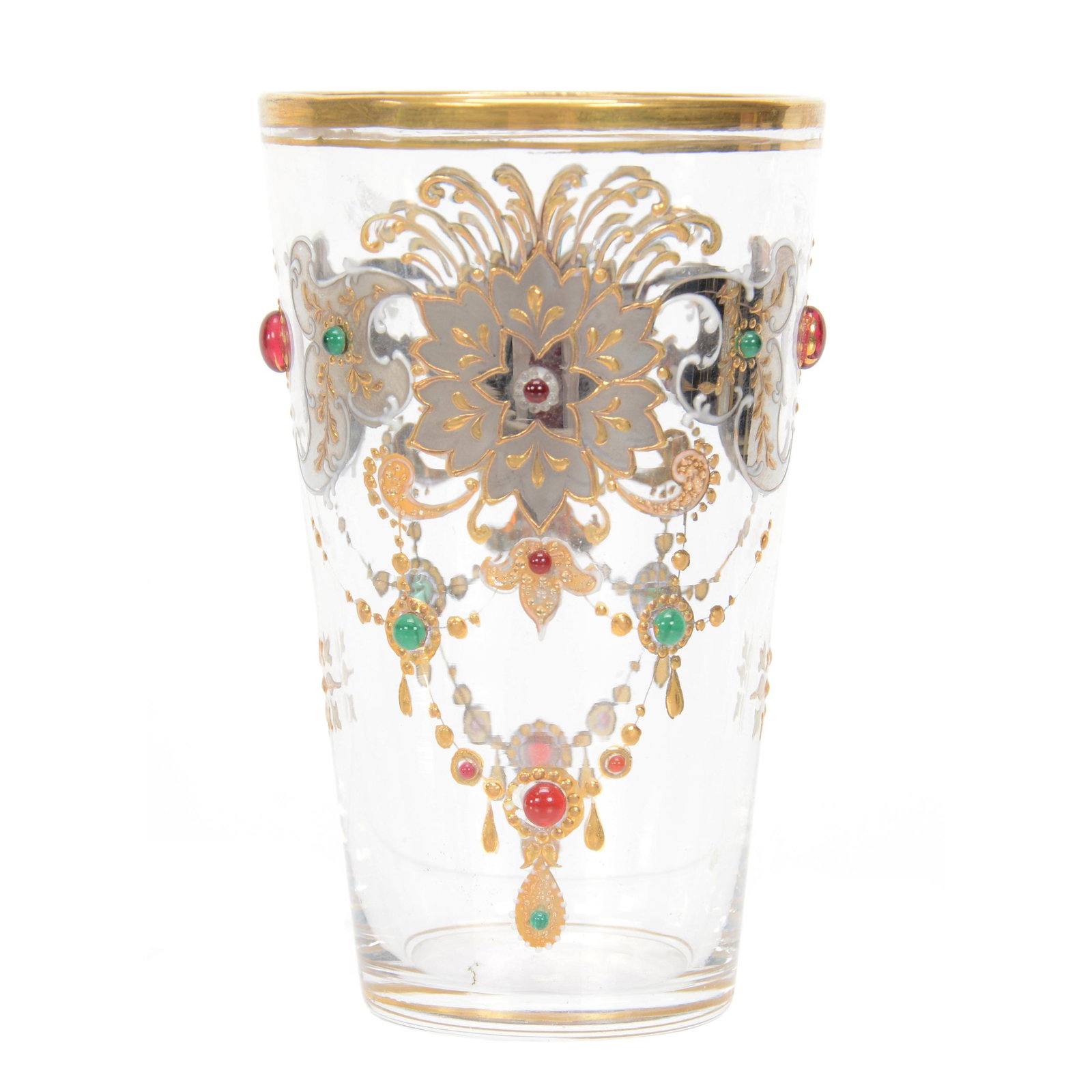 Juice Glass, Moser Clear Decorated Art Glass: Juice Glass, Moser Clear Decorated Art Glass, 3.75", Gold And Silver Enamel Decor, Colorful Applied Jewel Highlights, Nebraska Collection Of Ron & Pam Blessing