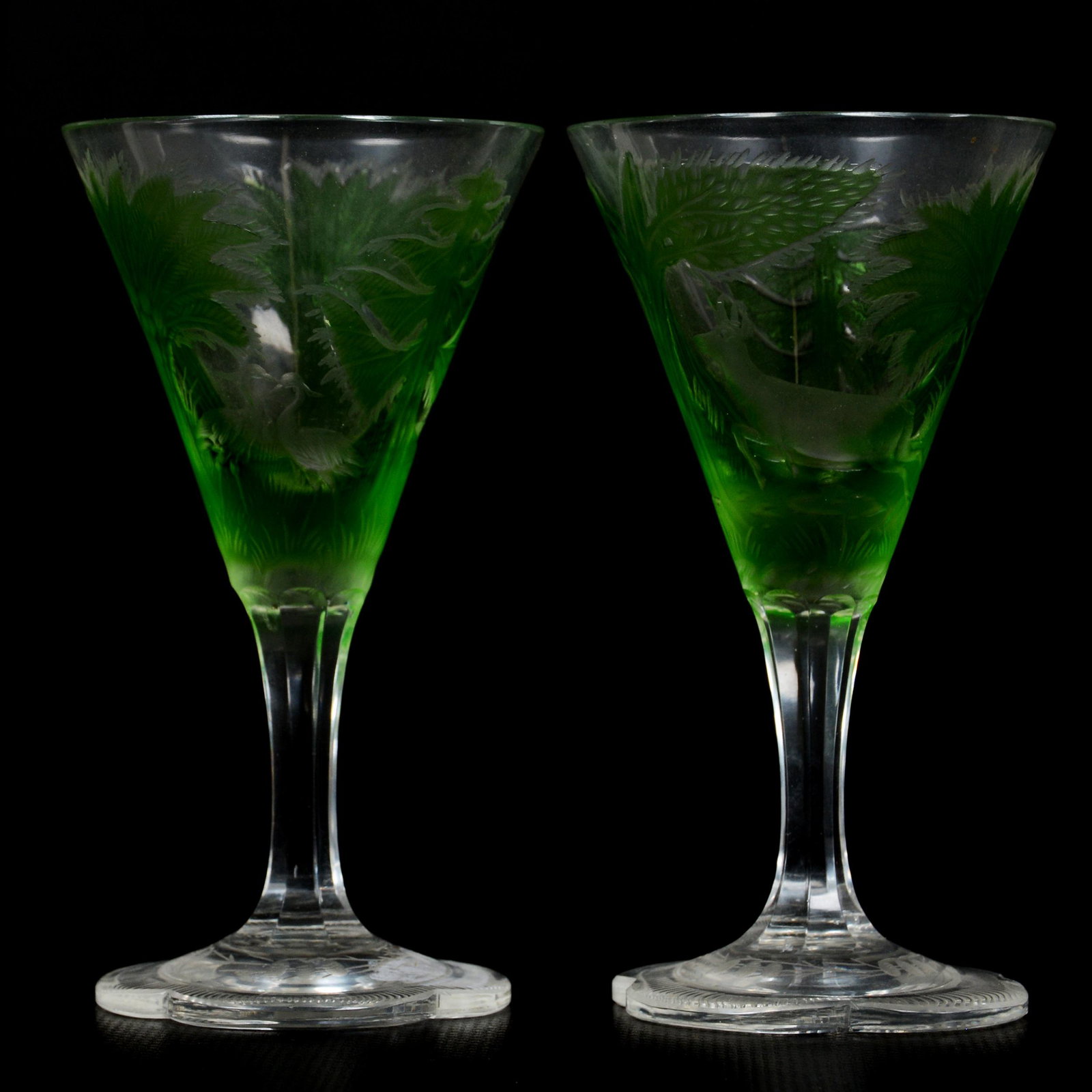 (2) Wines, Moser Green Engraved To Clear Art Glass: (2) Wines, Moser Green Engraved To Clear Art Glass, 4.625", (1) Stag And Doe Scenic Decor, (1) Game Bird Scenic Decor, Scalloped Foot, Nice Pair, Nebraska Collection Of Ron & Pam Blessing