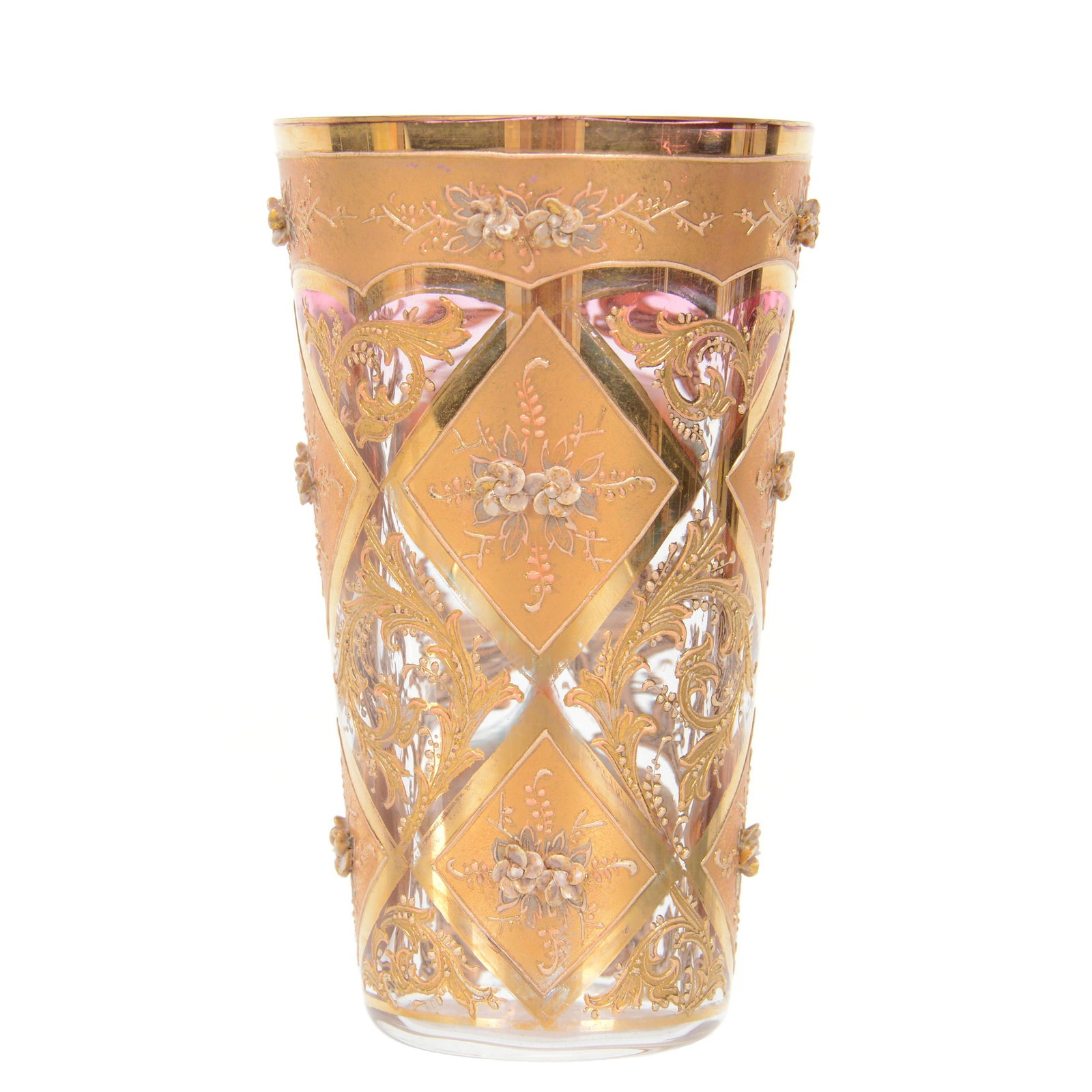 Juice Glass, Moser Rubina Art Glass: Juice Glass, Moser Rubina Art Glass, 3.75", Extensive Gold Enamel Overlay With Applied Floral Highlights, Nebraska Collection Of Ron & Pam Blessing