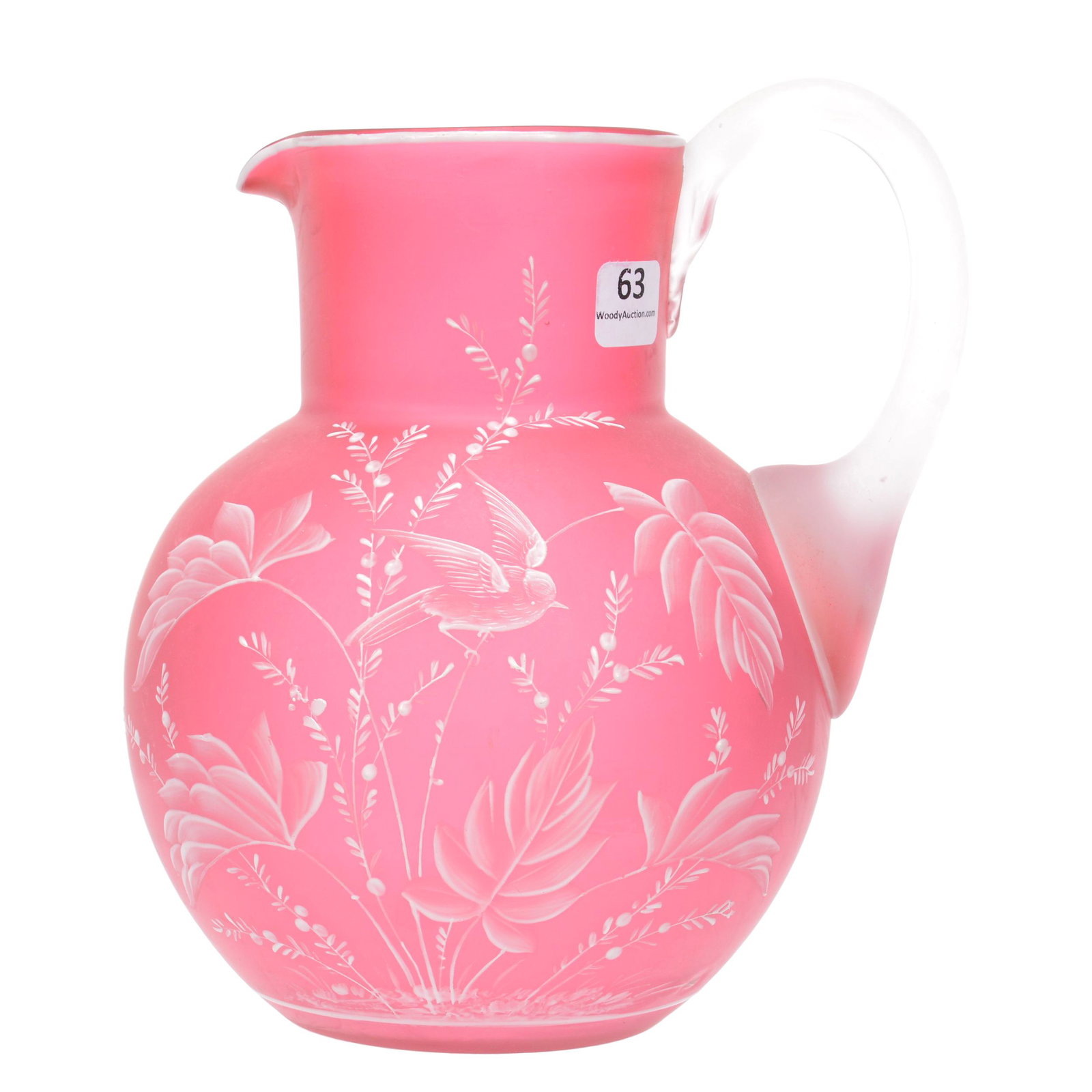Pitcher, Florentine Cameo Art Glass: Pitcher, Florentine Cameo Art Glass, 8", Cranberry With White Enamel Bird And Leaf Decor, Frosted Applied Handle, Some Light Interior Cloudiness, Nebraska Collection Of Ron & Pam Blessing