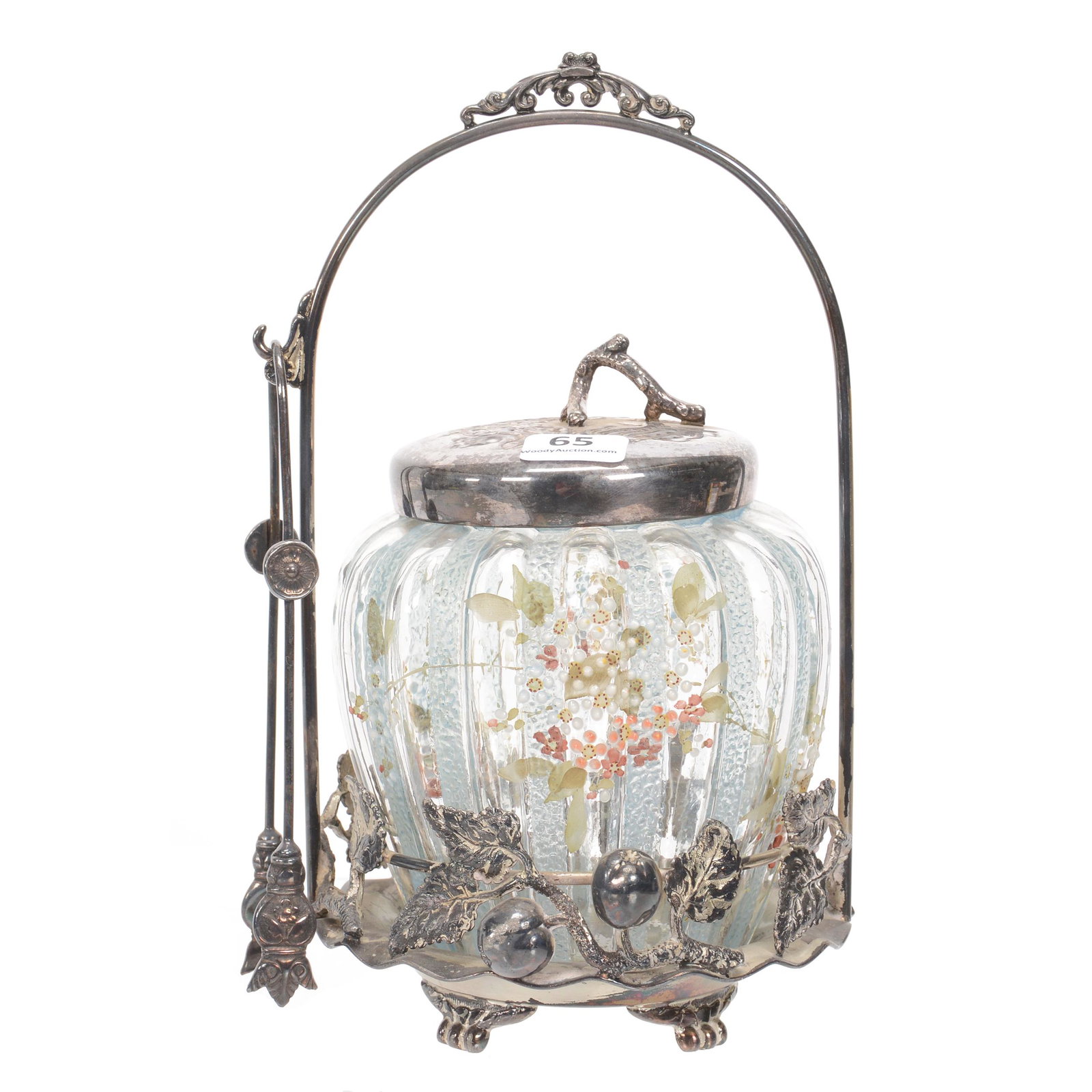 Victorian Pickle Castor, Mt. Washington Art Glass: Victorian Pickle Castor, Mt. Washington Art Glass, 8.5", Clear And Blue Ribbed Art Glass Insert With Enamel Floral Decor, Set On Pairpoint #672 Silverplate Frame With Apple Branch Design, Nebraska Col