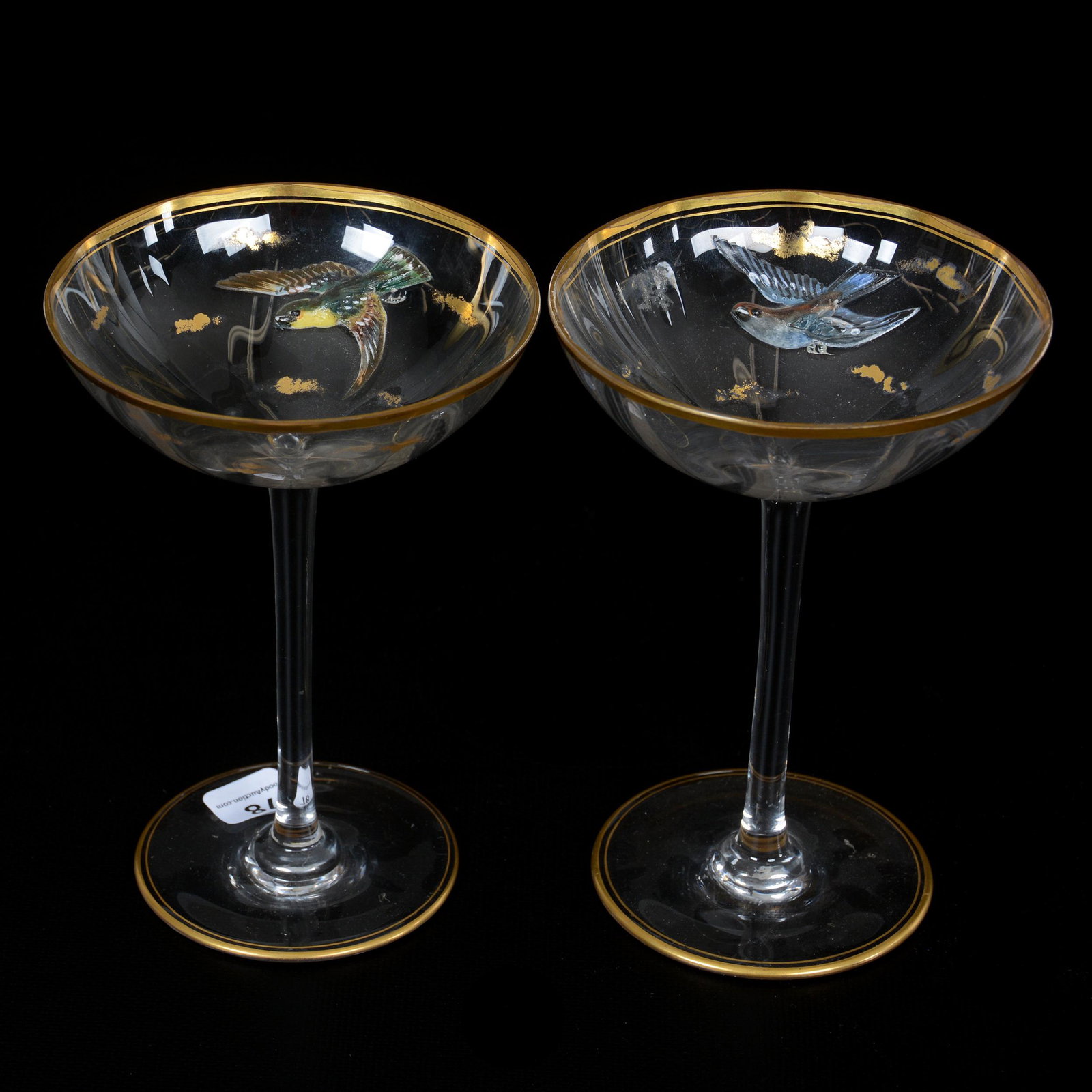 (2) Champagne Stems, Decorated Moser Clear Art Glass: (2) Champagne Stems, Decorated Moser Clear Art Glass, 6.5" X 4.5", Applied Bird In Flight Decor, Gold Stencil Highlights, Fine Detail, Nebraska Collection Of Ron & Pam Blessing