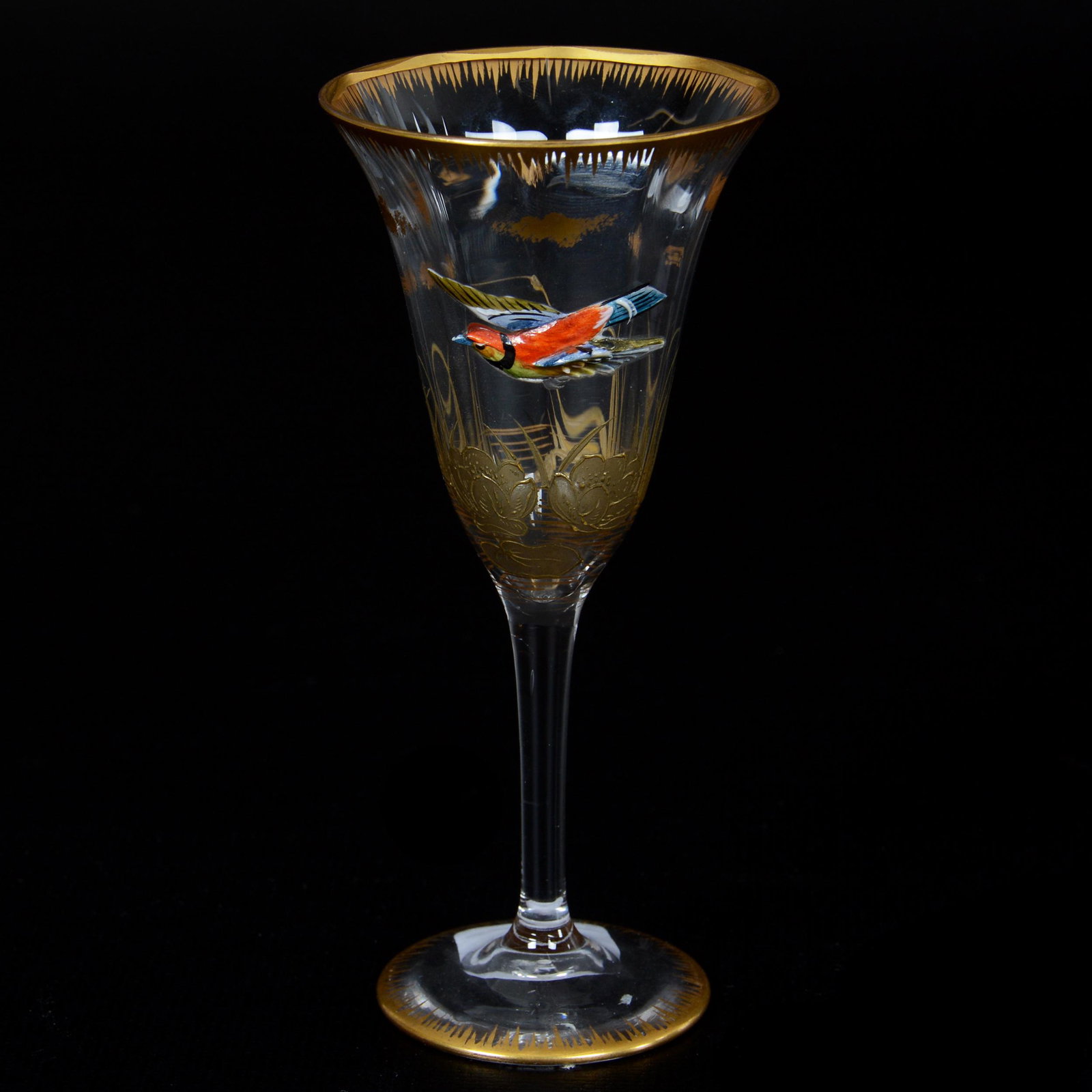 (2) Wine Stems, Decorated Moser Clear Art Glass: (2) Wine Stems, Decorated Moser Clear Art Glass, 5.5", Applied Bird In Flight Decor, Gold Waterlily Decor, Nebraska Collection Of Ron & Pam Blessing
