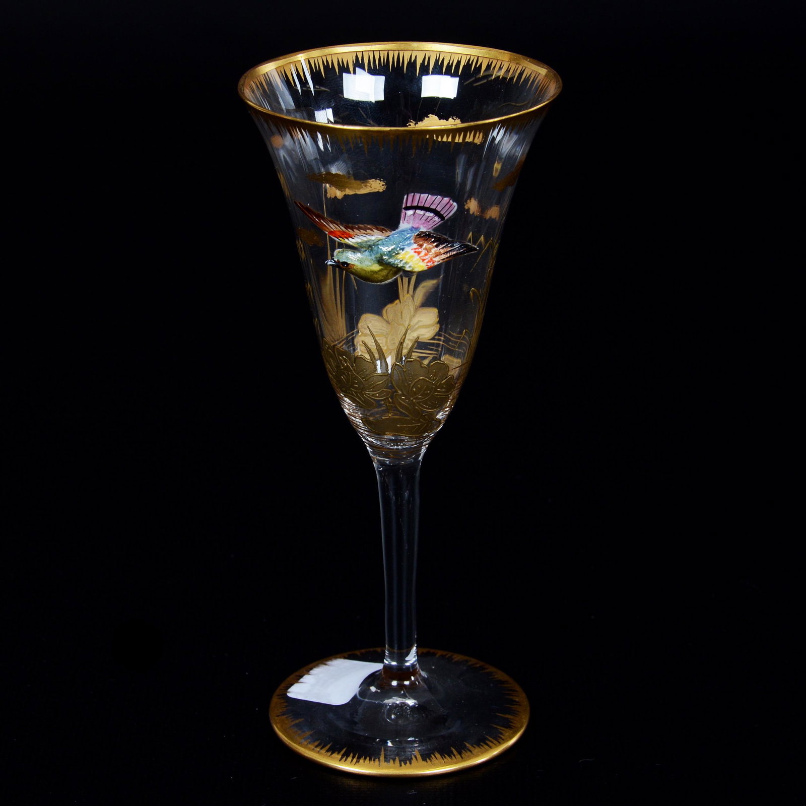 Wine Stem, Decorated Moser Clear Art Glass: Wine Stem, Decorated Moser Clear Art Glass, 6", Colorful Applied Bird In Flight Decor, Gold Enamel Waterlily Highlights, Nebraska Collection Of Ron & Pam Blessing