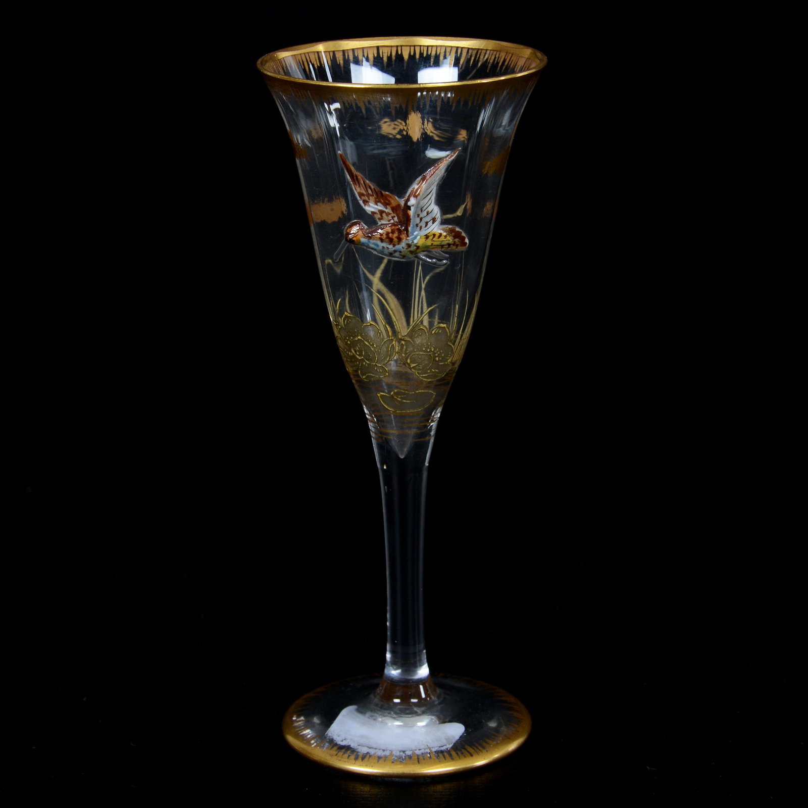 Wine Stem, Decorated Moser Clear Art Glass: Wine Stem, Decorated Moser Clear Art Glass, 4.75", Colorful Applied Sandpiper In Flight Decor, Gold Enamel Waterlily Highlights, Nebraska Collection Of Ron & Pam Blessing