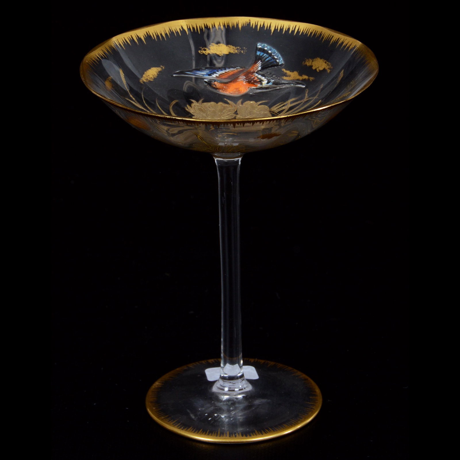 Champagne Stem, Decorated Moser Clear Art Glass: Champagne Stem, Decorated Moser Clear Art Glass, 6.25" X 5", Applied Bird In Flight Decor, Gold Enamel Waterlily Highlights, Nebraska Collection Of Ron & Pam Blessing