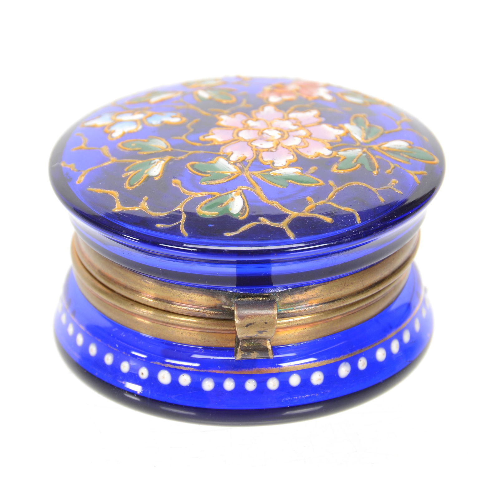 Pill Box, Moser Blue Art Glass: Pill Box, Moser Blue Art Glass, 1.5" X 2", Colorful Enamel Floral Decor, Nebraska Collection Of Ron & Pam Blessing