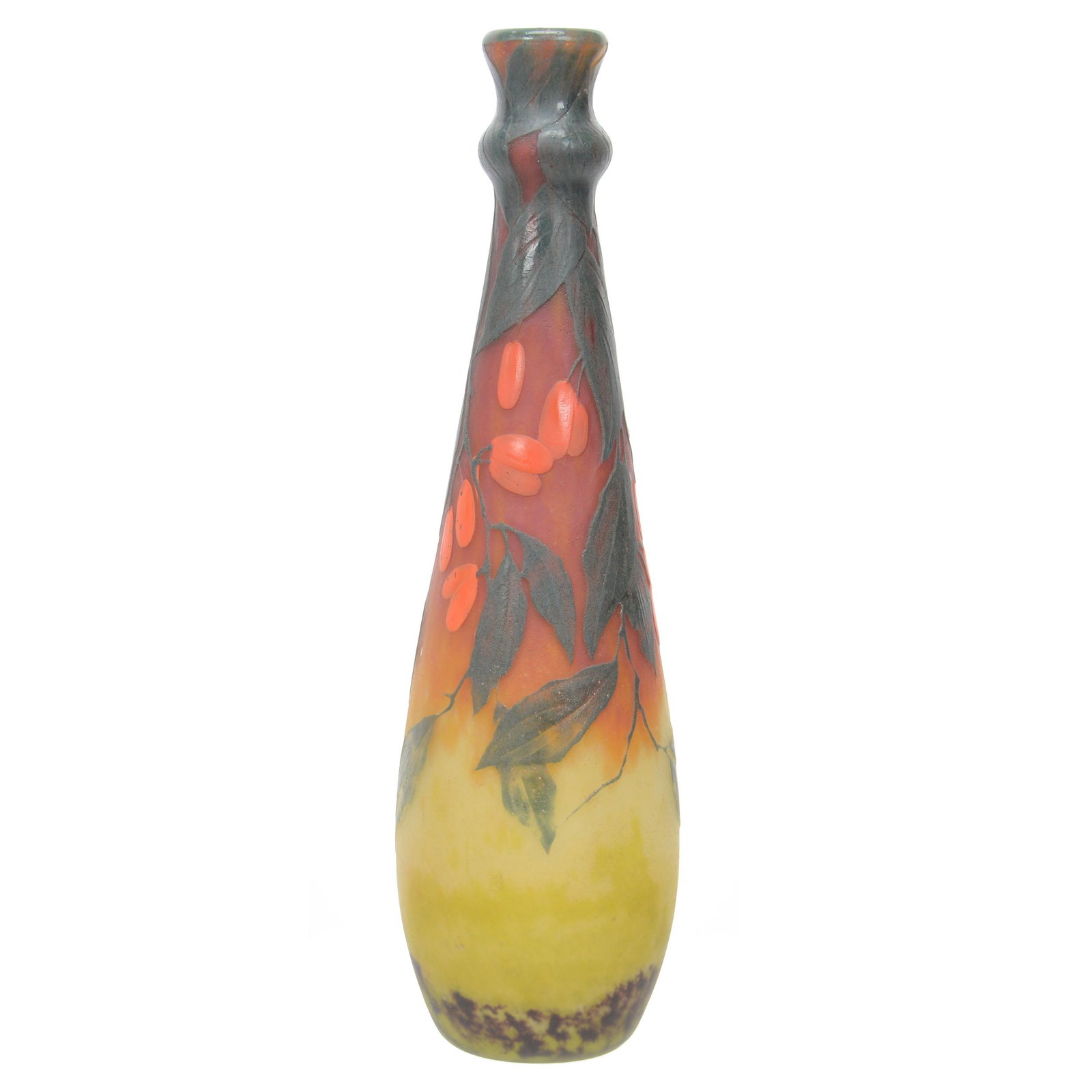 Vase, French Cameo Art Glass Signed Daum Nancy: Vase, French Cameo Art Glass Signed Daum Nancy, 13", Red, Green And Lavender Mottled Background With Cameo Carved Leaf And Red Berry Design, Nebraska Collection Of Ron & Pam Blessing