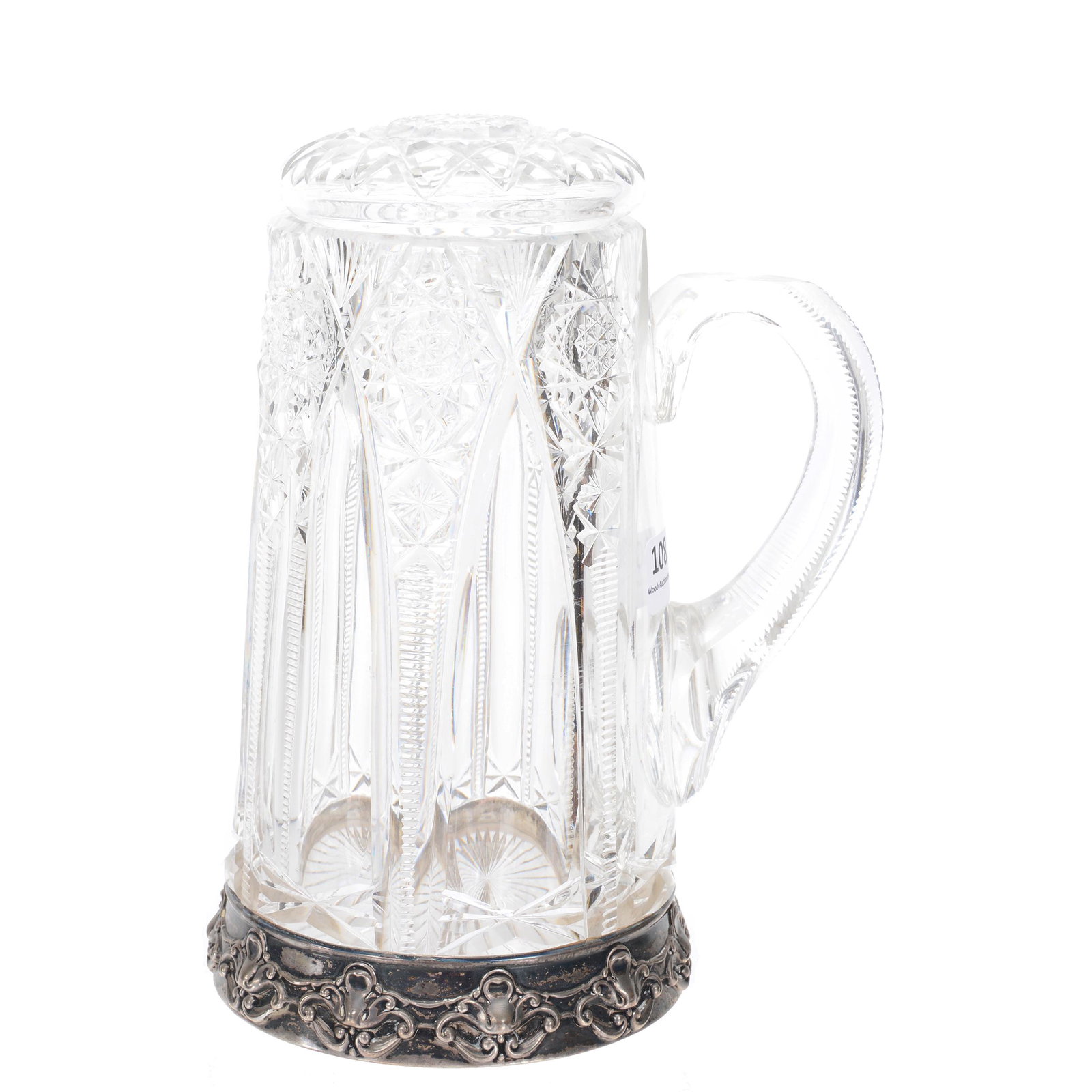 Covered Beer Stein, ABCG, Signed Hawkes: Covered Beer Stein, ABCG, Signed Hawkes, 8", Modified Version Of Brunswick Pattern, Removeable Hobstar Cut Glass Lid, Rim Of Stein May Have Been Polished, Sterling Silver Base Ring Marked Gorham #D135