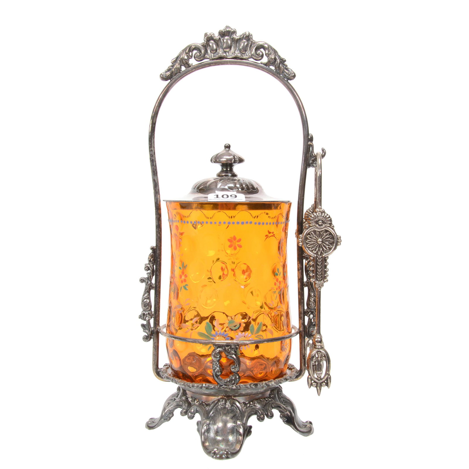 Victorian Pickle Castor, Amber Coinspot Art Glass: Victorian Pickle Castor, Amber Coinspot Art Glass, 10.5", Insert With Enamel Floral Decor, Set On Pairpoint #673 Silverplate Frame, Nebraska Collection Of Ron & Pam Blessing