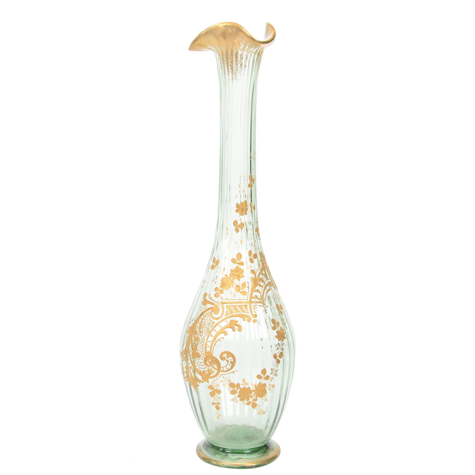 Vase, Unmarked Moser Solid Green Art Glass: Vase, Unmarked Moser Solid Green Art Glass, 16", Optic Rib, Gold Enamel Floral And Scroll Decor, Nebraska Collection Of Ron & Pam Blessing