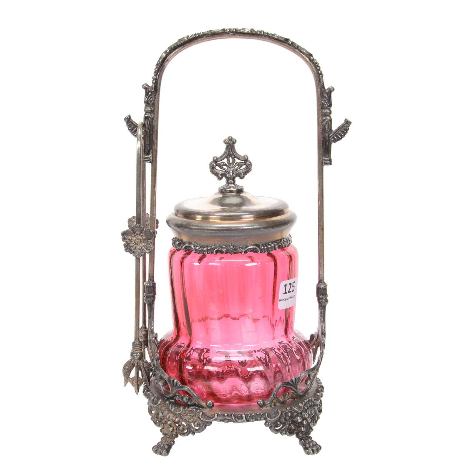 Victorian Pickle Castor, Cranberry Art Glass Insert: Victorian Pickle Castor, Cranberry Art Glass Insert, 9.75", Optic Rib Insert Set On Van Bergh #610 Silverplate Frame, Nebraska Collection Of Ron & Pam Blessing