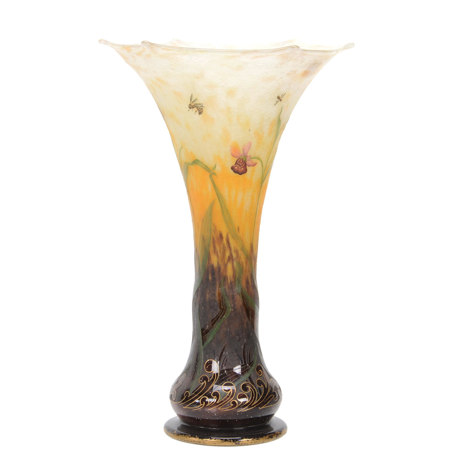 Vase, French Cameo Art Glass Signed Daum Nancy: Vase, French Cameo Art Glass Signed Daum Nancy, 13.5" X 8.75", Beautiful Floral With Spiderweb And Bee Decor, Nice Flared Rim, Cameo Carved With Colored Enamel Highlights, Nebraska Collection Of Ron &