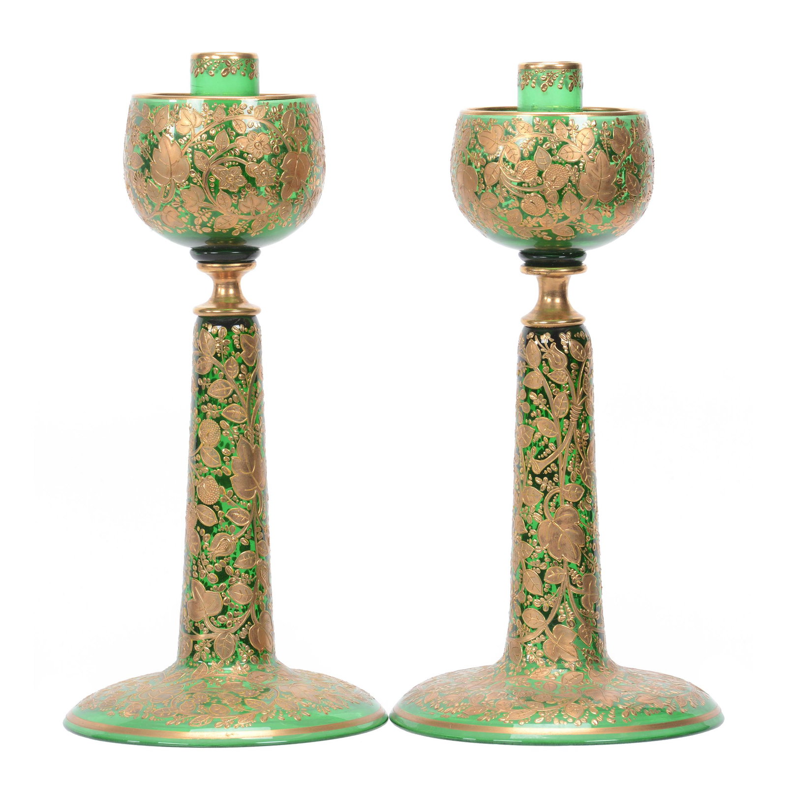 Pair Candlesticks, Moser Solid Green Art Glass: Pair Candlesticks, Moser Solid Green Art Glass, 11.25", Extensive Gold Enamel Vine And Floral Design, Unique "Cup" Top, Wide Flared Foot, Slight Height Variation Between Two, Nebraska Collection Of Ro