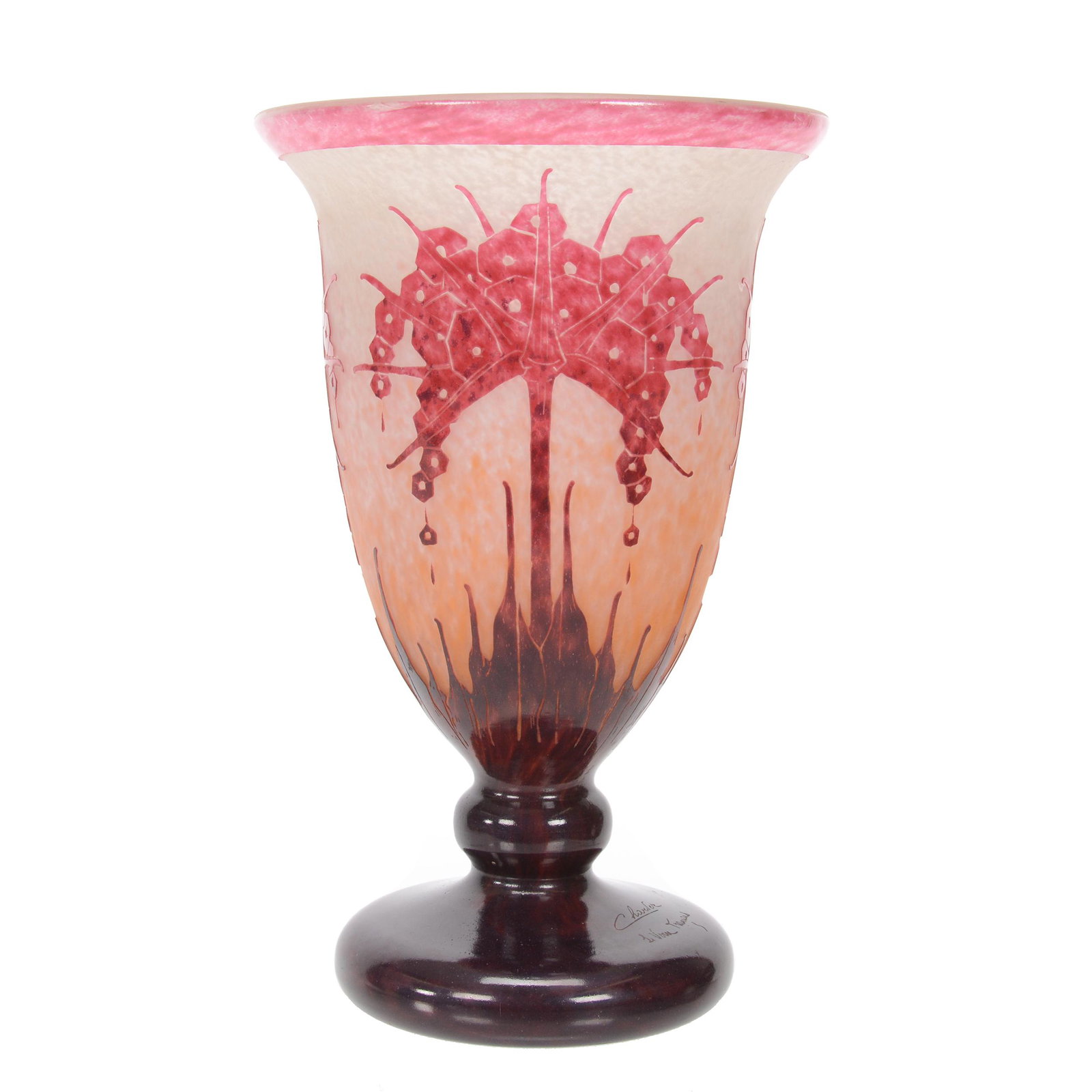 Vase, French Cameo Art Glass Signed Charder: Vase, French Cameo Art Glass Signed Charder, 13.25" X 8.5", Le Verre Francais, White And Orange Mottled Background With Pink And Lavender Cameo Carved Art Deco Floral Decor, Circa 1920, Nebraska Colle