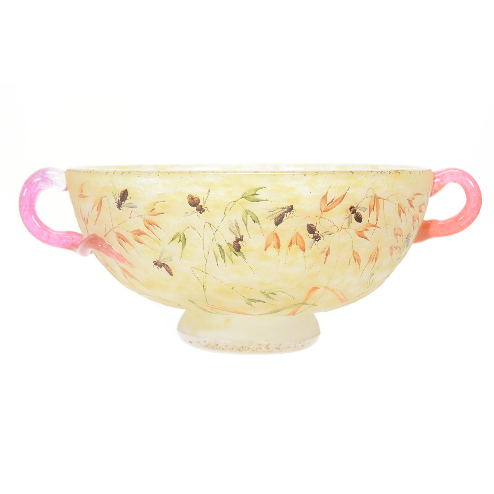 Bowl, French Cameo Art Glass Signed Daum Nancy: Bowl, French Cameo Art Glass Signed Daum Nancy, 3" X 6", White And Yellow Mottled Background With Cameo Carved Scattered Leaves And Seventeen Bumblebees With Colored Enamel Highlights, Two Applied Amb
