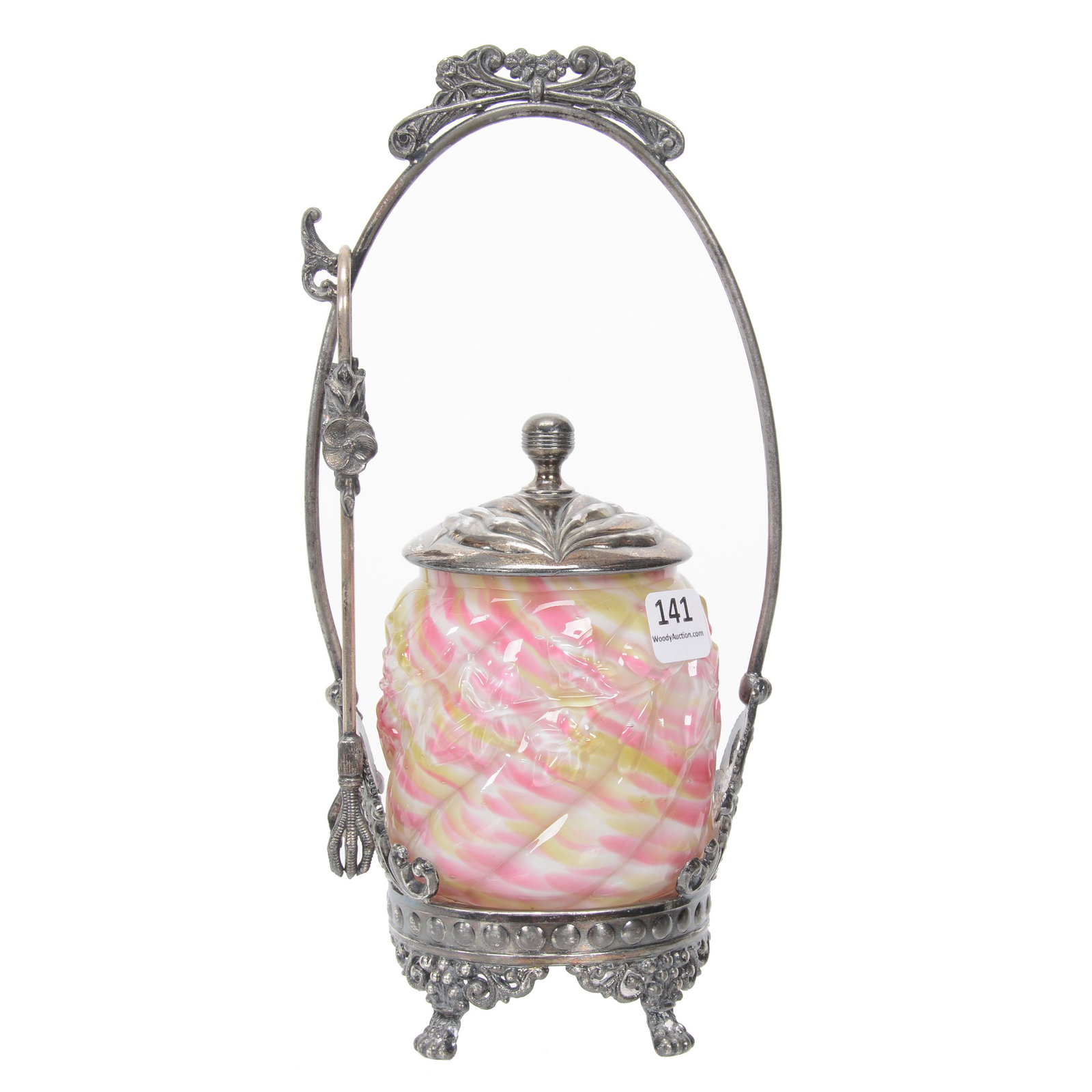 Victorian Pickle Castor, Northwood Royal Ivy Insert: Victorian Pickle Castor, Northwood Royal Ivy Insert, 10", Cased, Green, White And Pink Mottled, Set On Benedict #574 Silverplate Frame, Nebraska Collection Of Ron & Pam Blessing