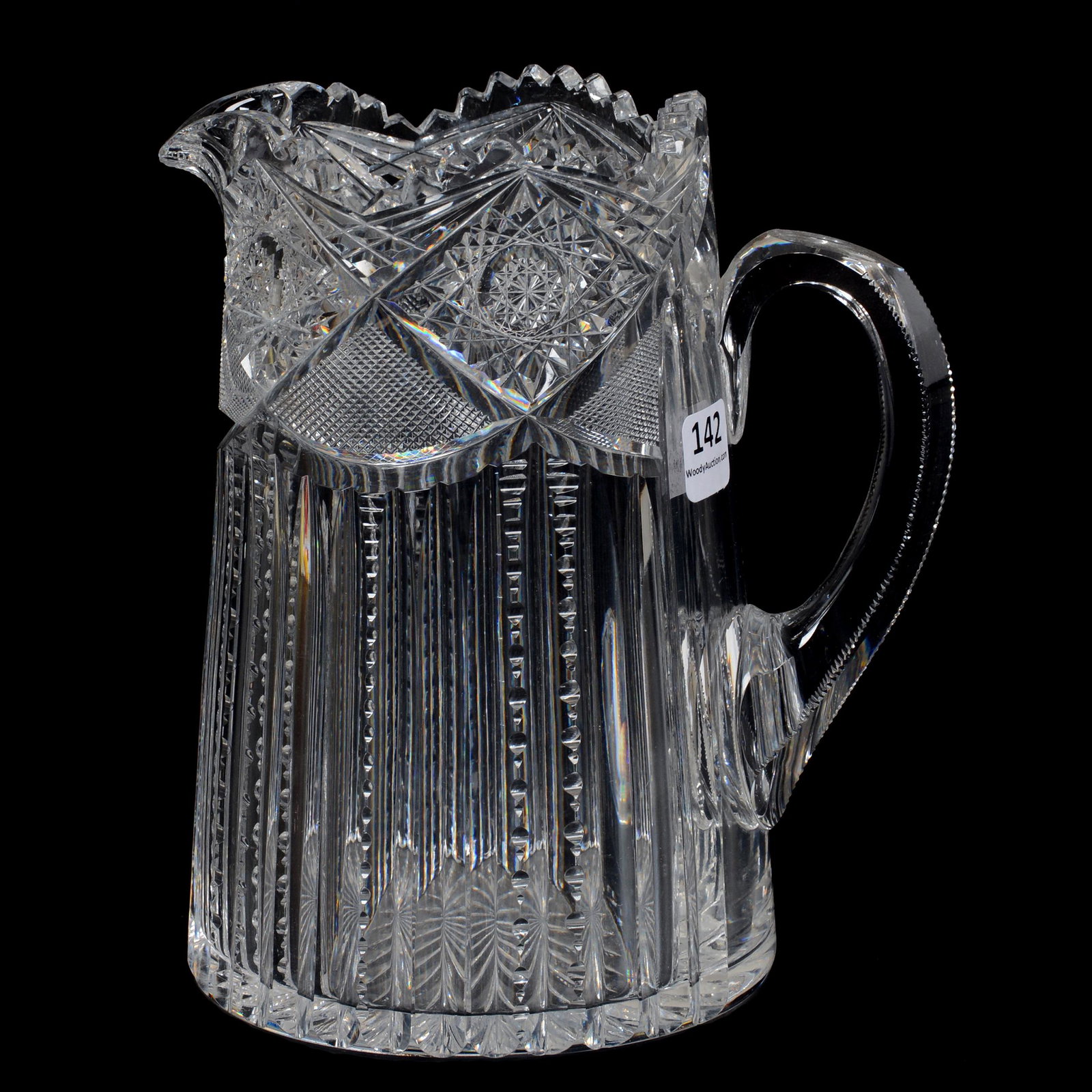 Water Pitcher, American Brilliant Cut Glass: Water Pitcher, American Brilliant Cut Glass, 7", Hobstar, Strawberry Diamond And Prism Motif, Ray Cut Base, Nebraska Collection Of Ron & Pam Blessing