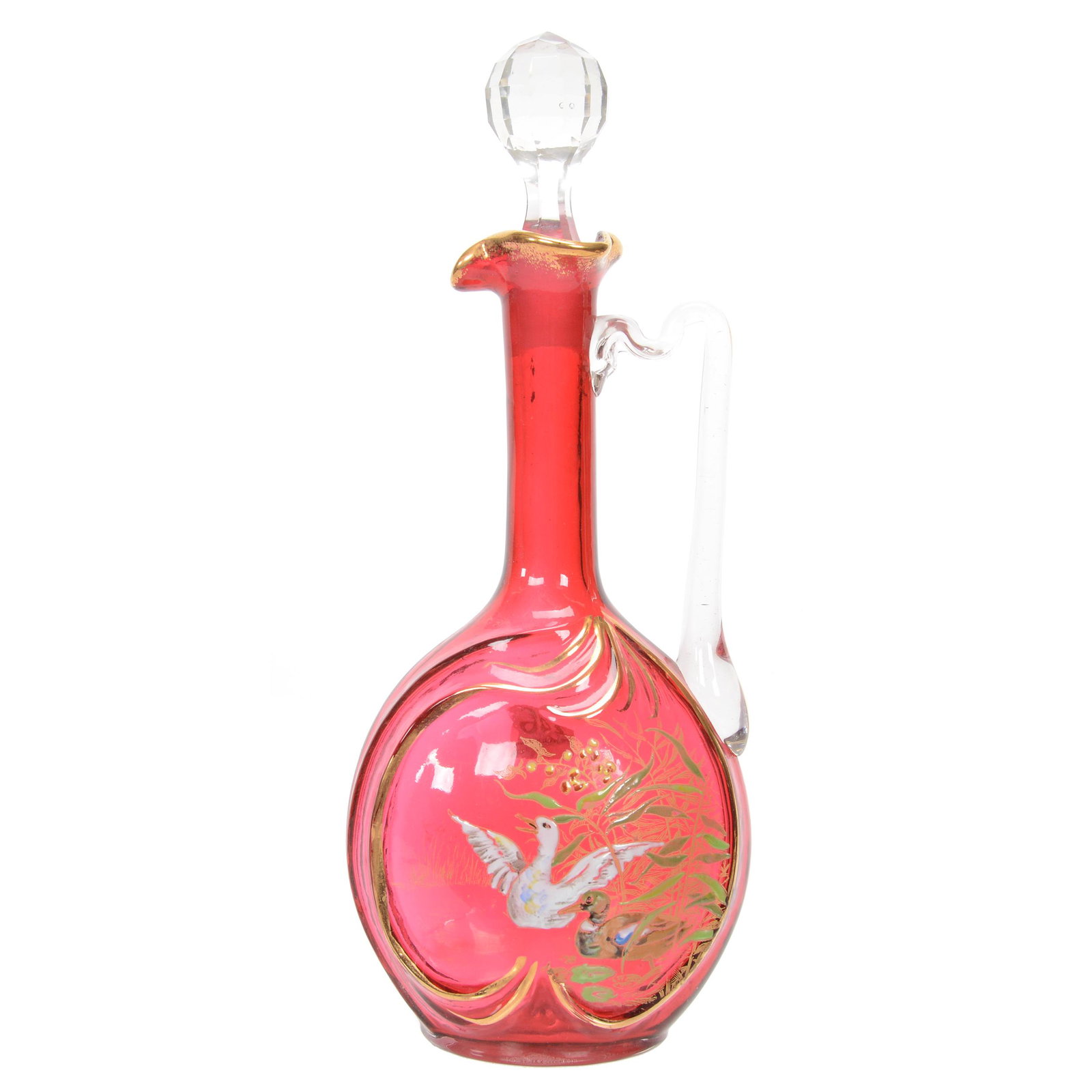 Decanter, Moser Cranberry Art Glass: Decanter, Moser Cranberry Art Glass, 12.5", Colorful Enamel Duck Decor, Clear Applied Handle, Gold Stencil Highlights, Nebraska Collection Of Ron & Pam Blessing