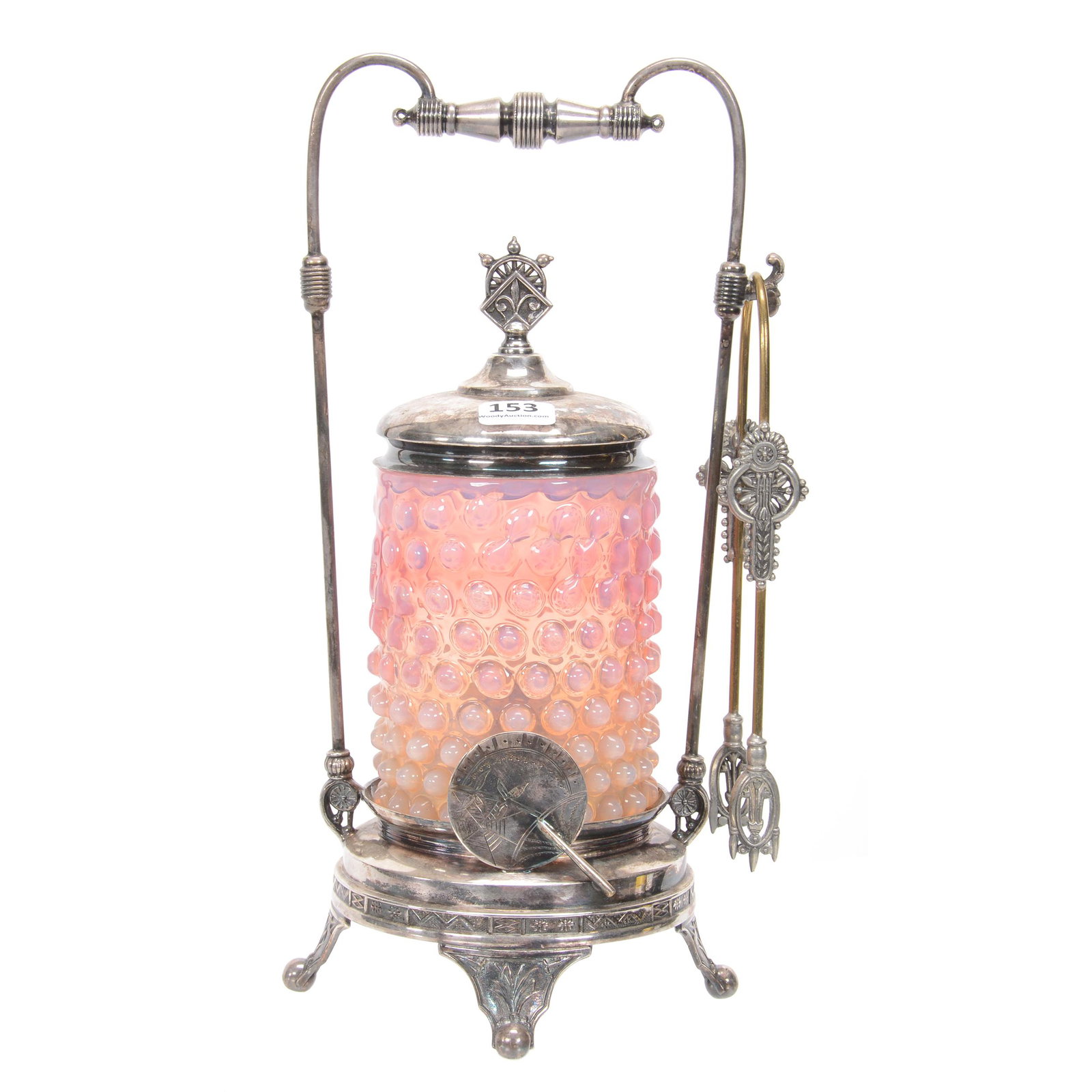 Victorian Pickle Castor, Pink Opal Hobnail Art Glass: Victorian Pickle Castor, Pink Opal Hobnail Art Glass, 11.25", Insert Set On Derby #108 Silverplate Frame With Paddle Fan Highlights, Nebraska Collection Of Ron & Pam Blessing