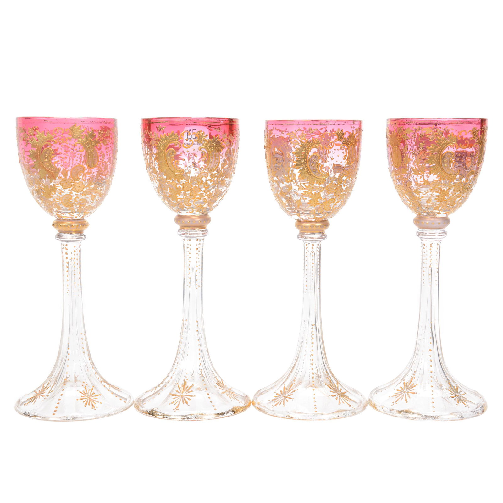 (4) Wine Stems, Moser Rubina Art Glass: (4) Wine Stems, Moser Rubina Art Glass, 7.5", Gold Enamel Scroll And Floral Decor, Nebraska Collection Of Ron & Pam Blessing