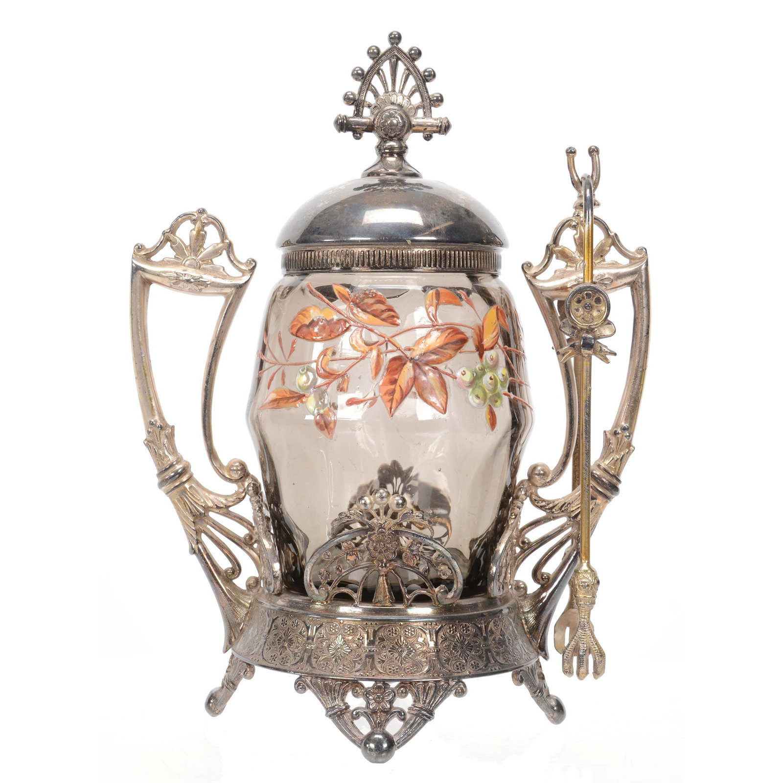 Victorian Pickle Castor, Smoky Art Glass Insert: Victorian Pickle Castor, Smoky Art Glass Insert, 8.75", Enamel Berry And Leaf Decor, Set On Tufts #3390 Silverplate Frame, Nebraska Collection Of Ron & Pam Blessing