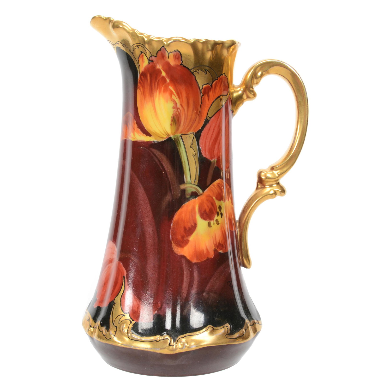 Tankard Marked T&V Limoges, Hand Painted: Tankard Marked T&V Limoges, Hand Painted, 11", By Brauer (Chicago), Dark Brown Background With Orange And Yellow Floral Decor, Heavy Gold Trim, Artist Signed "Challinor", Nebraska Collection Of Ron & 