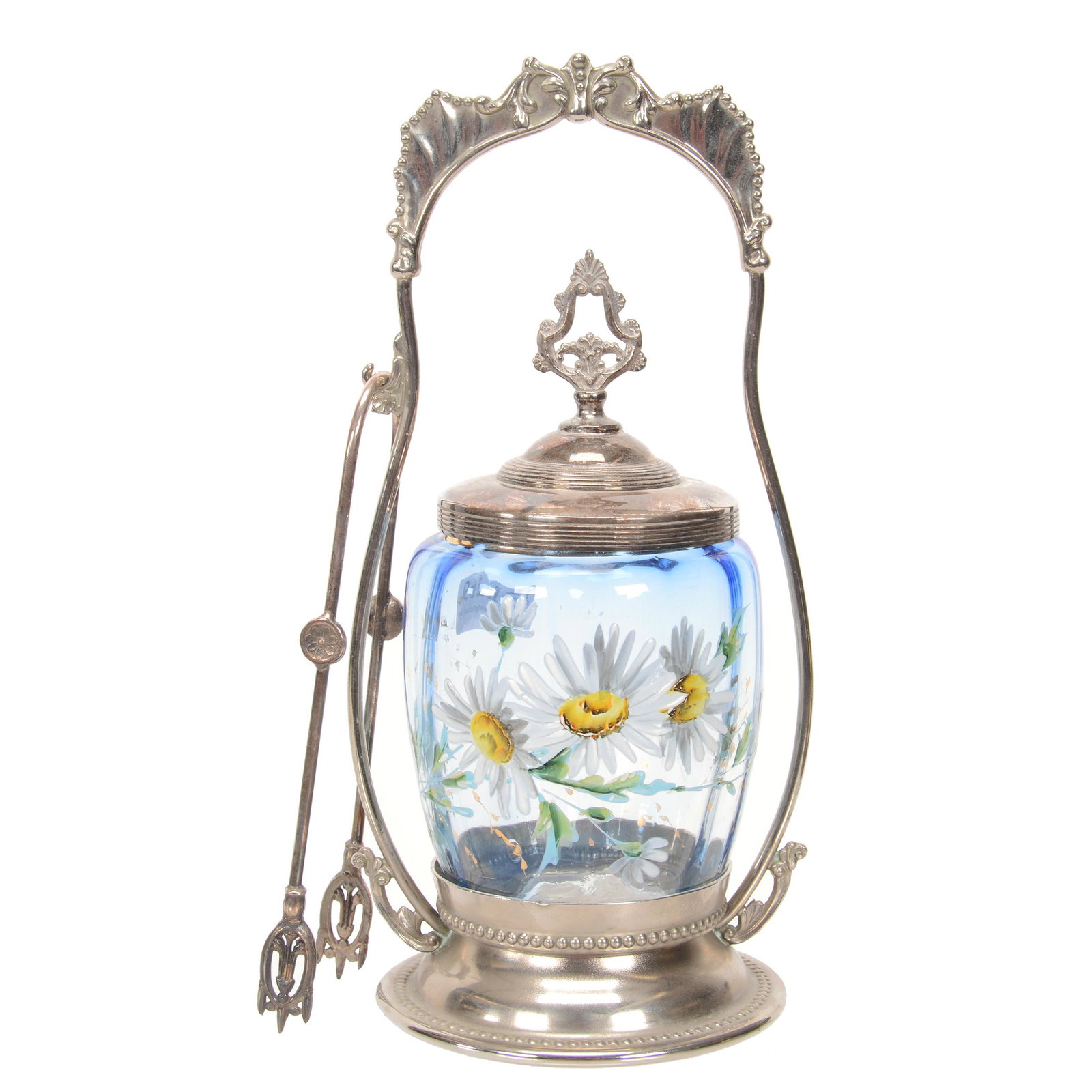 Victorian Pickle Castor, Bluerina Art Glass Insert: Victorian Pickle Castor, Bluerina Art Glass Insert, 10.25", Optic Rib, Enamel Daisy Decor, Set On Pairpoint #683 Silverplate Frame, Nebraska Collection Of Ron & Pam Blessing