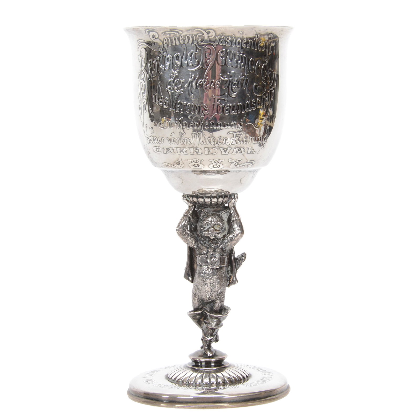 Sterling Presentation Chalice by Tiffany & Company: Sterling Presentation Chalice by Tiffany & Company, 8.25" X 3.75", Elaborate Embossed Presentation Chalice Dated 1882, Full Figure Puss And Boots On Stem, Marked On Base Tiffany & Company #6271 M 3562