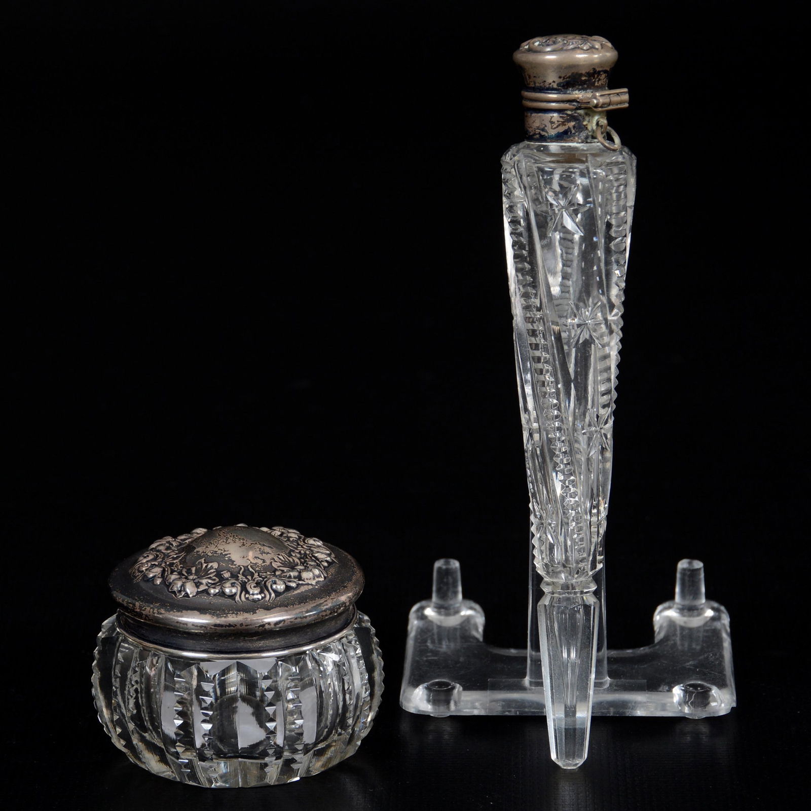 (2) Vanity Items, American Brilliant Cut Glass: (2) Vanity Items, American Brilliant Cut Glass, (1) 5.5" Laydown Perfume, Star And Zipper Motif, Sterling Flip Lid, Original Stopper, (1) 2.25" Pill Box, Prism Pattern, Sterling Silver Lid, Collection