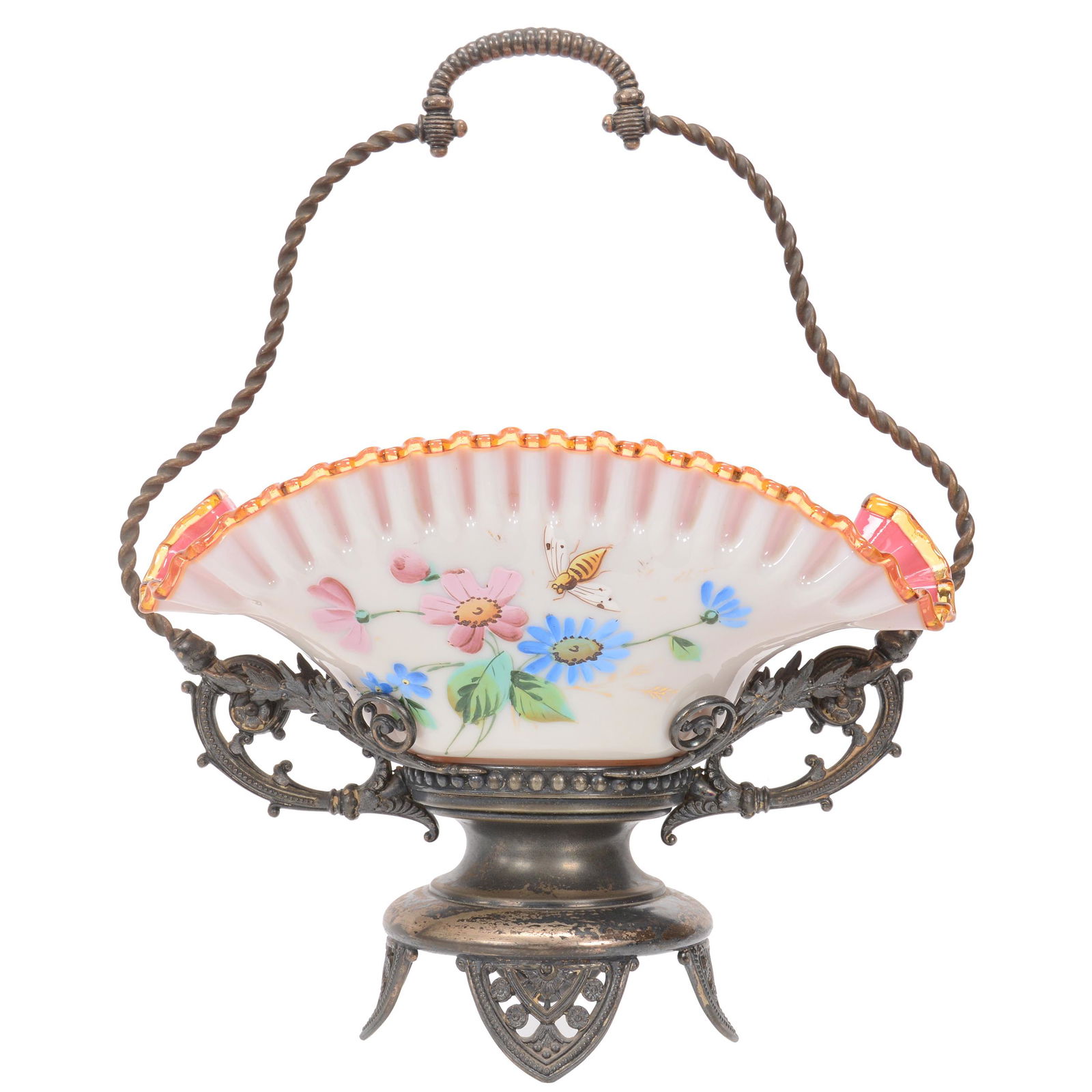 Victorian Brides Basket, Cased Art Glass Bowl: Victorian Brides Basket, Cased Art Glass Bowl, 12.5" X 10.5", Pink And White With Enamel Floral And Insect Decor, Set On Tufts #148 Silverplate Frame, Nicely Fit Set, Nebraska Collection Of Ron & Pam