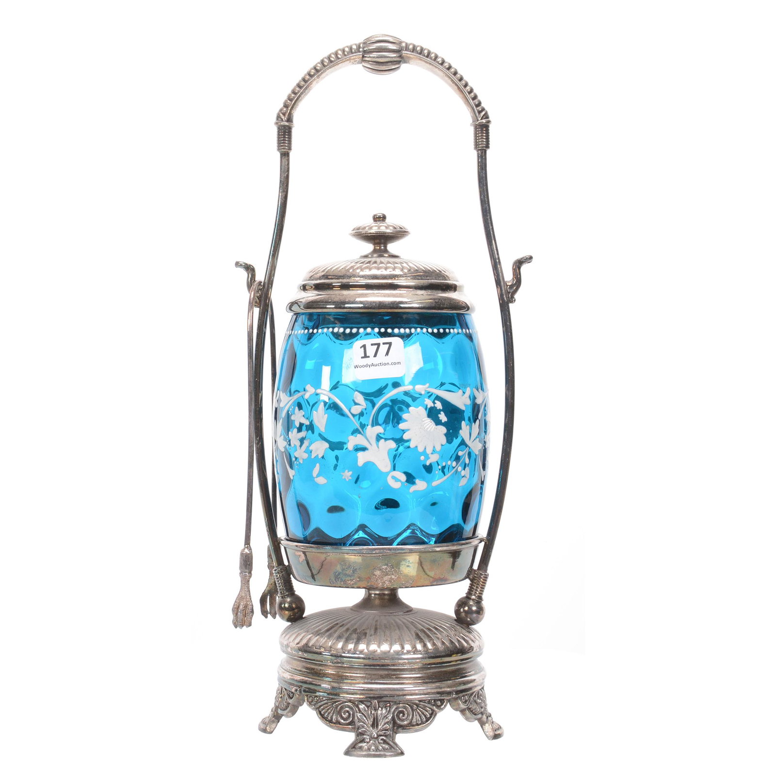 Victorian Pickle Castor, Blue Coinspot Art Glass: Victorian Pickle Castor, Blue Coinspot Art Glass, 12.5", Insert With White Enamel Floral And Scroll Design, Set On Simpson Hall & Miller #177 Silverplate Frame, Nebraska Collection Of Ron & Pam Blessi
