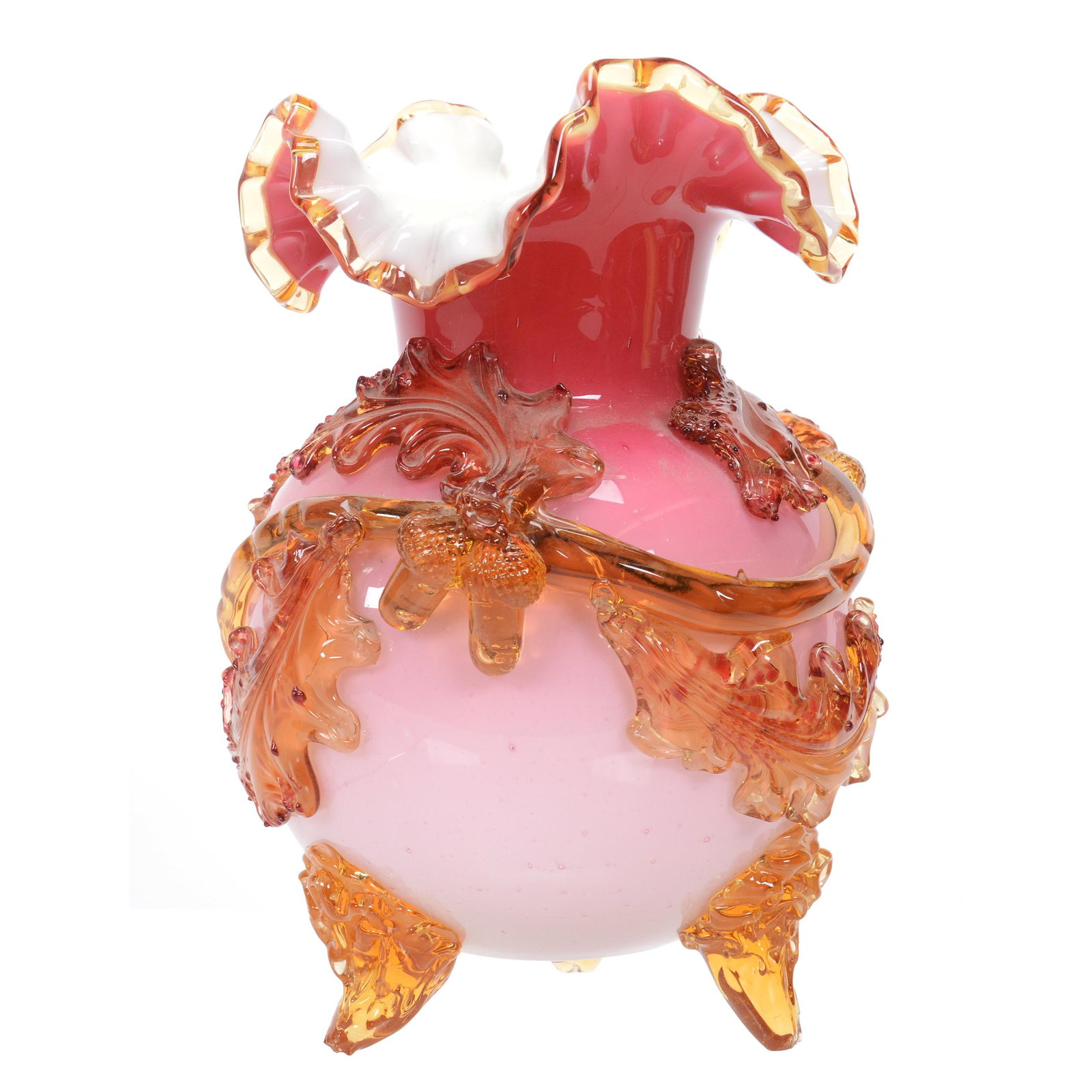 Vase, Stevens And Williams Cased Peachblow Art Glass: Vase, Stevens And Williams Cased Peachblow Art Glass, 8.5" X 6.5", Applied Amber Feet, Applied Complete Acorn Branch Decor, Feet Have Some Minor Nicks, Nebraska Collection Of Ron & Pam Blessing