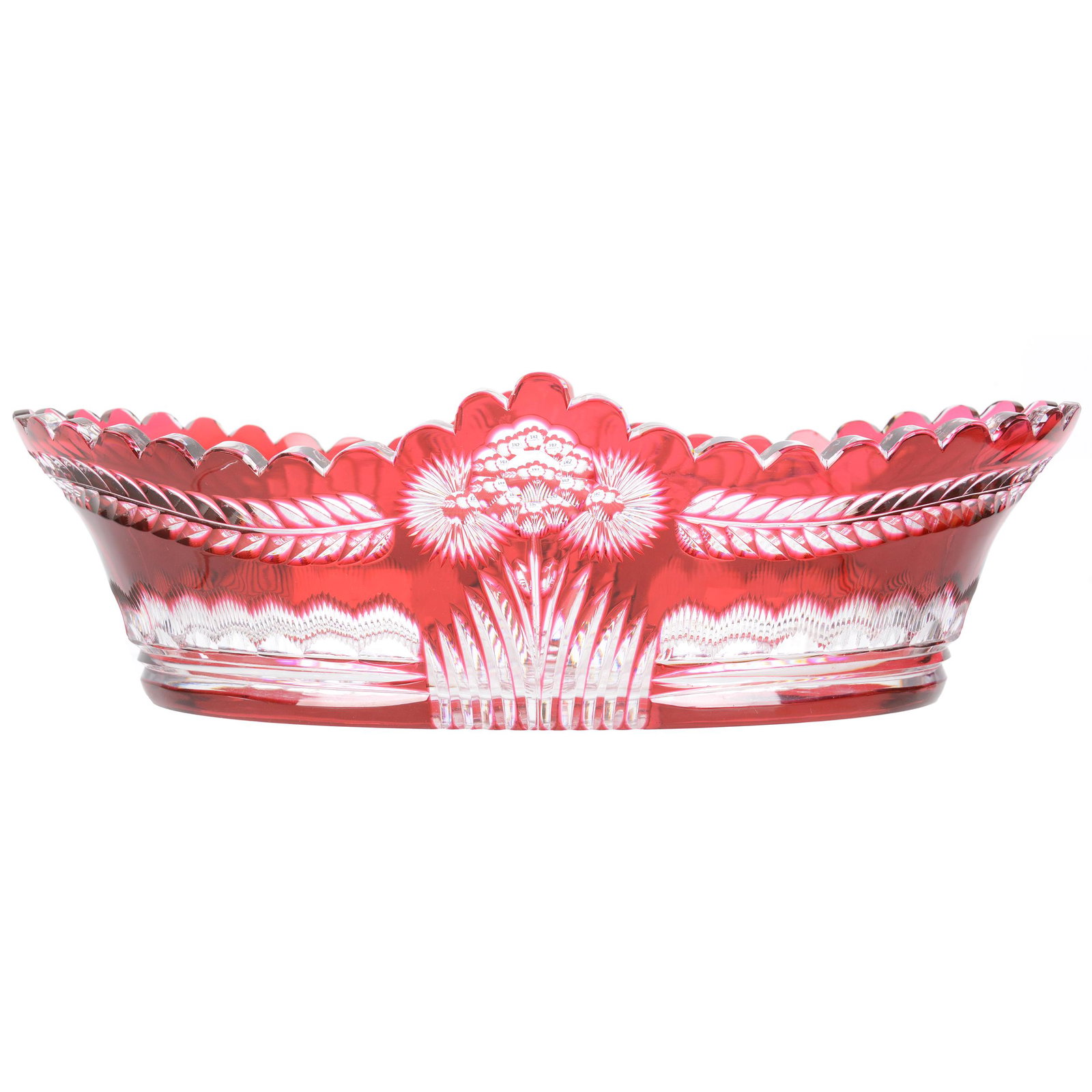Oval Console Bowl, Unmarked Val St. Lambert: Oval Console Bowl, Unmarked Val St. Lambert, 4" X 12.75" X 7", Pattern #S/97, Circa 1925, Cranberry Cut To Clear, Quality Blank, Nebraska Collection Of Ron & Pam Blessing