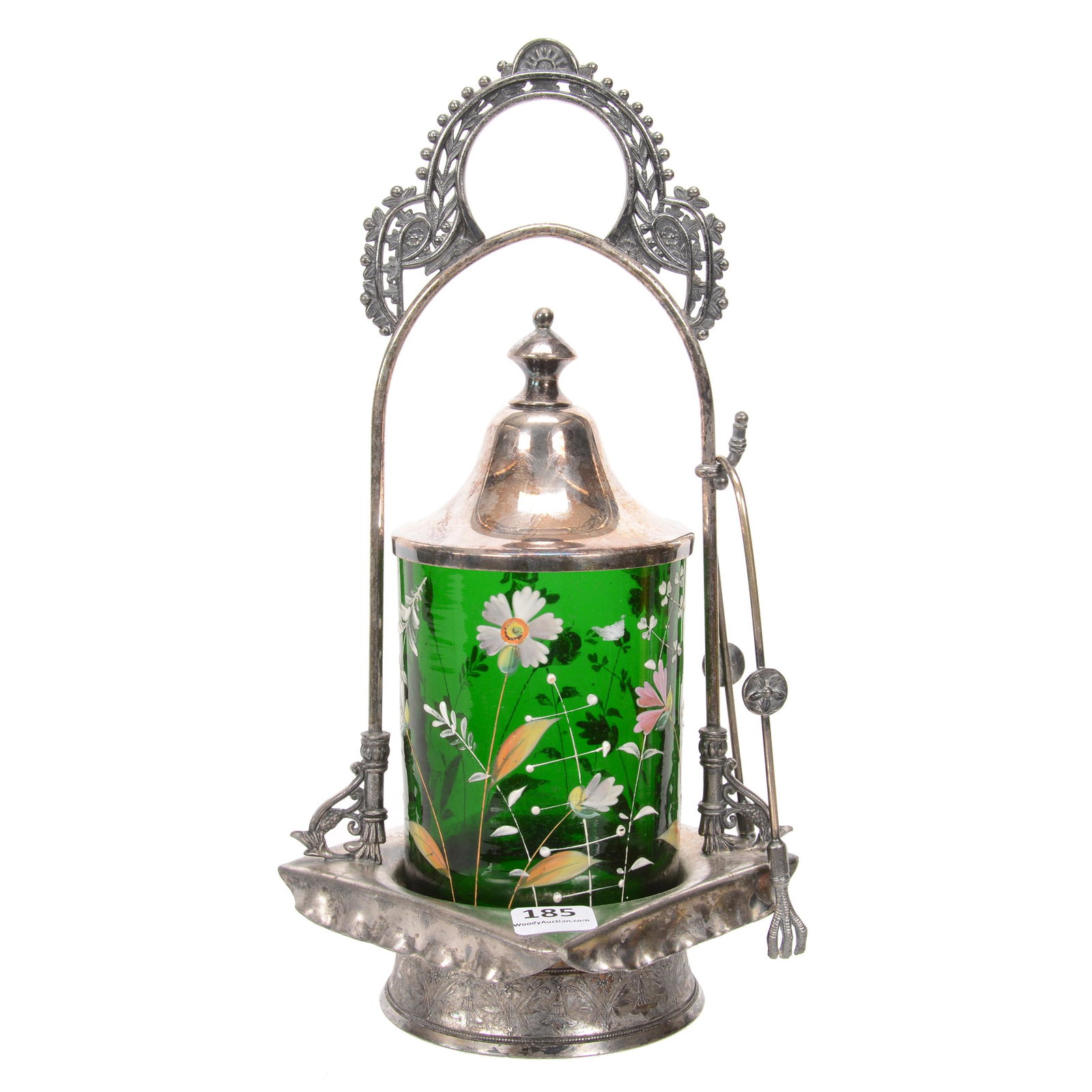 Victorian Pickle Castor, Emerald Green Art Glass: Victorian Pickle Castor, Emerald Green Art Glass, 11", Insert With Enamel Floral Decor, Set On Rogers #443 Silverplate Frame, Base Chip on Insert, Nebraska Collection Of Ron & Pam Blessing