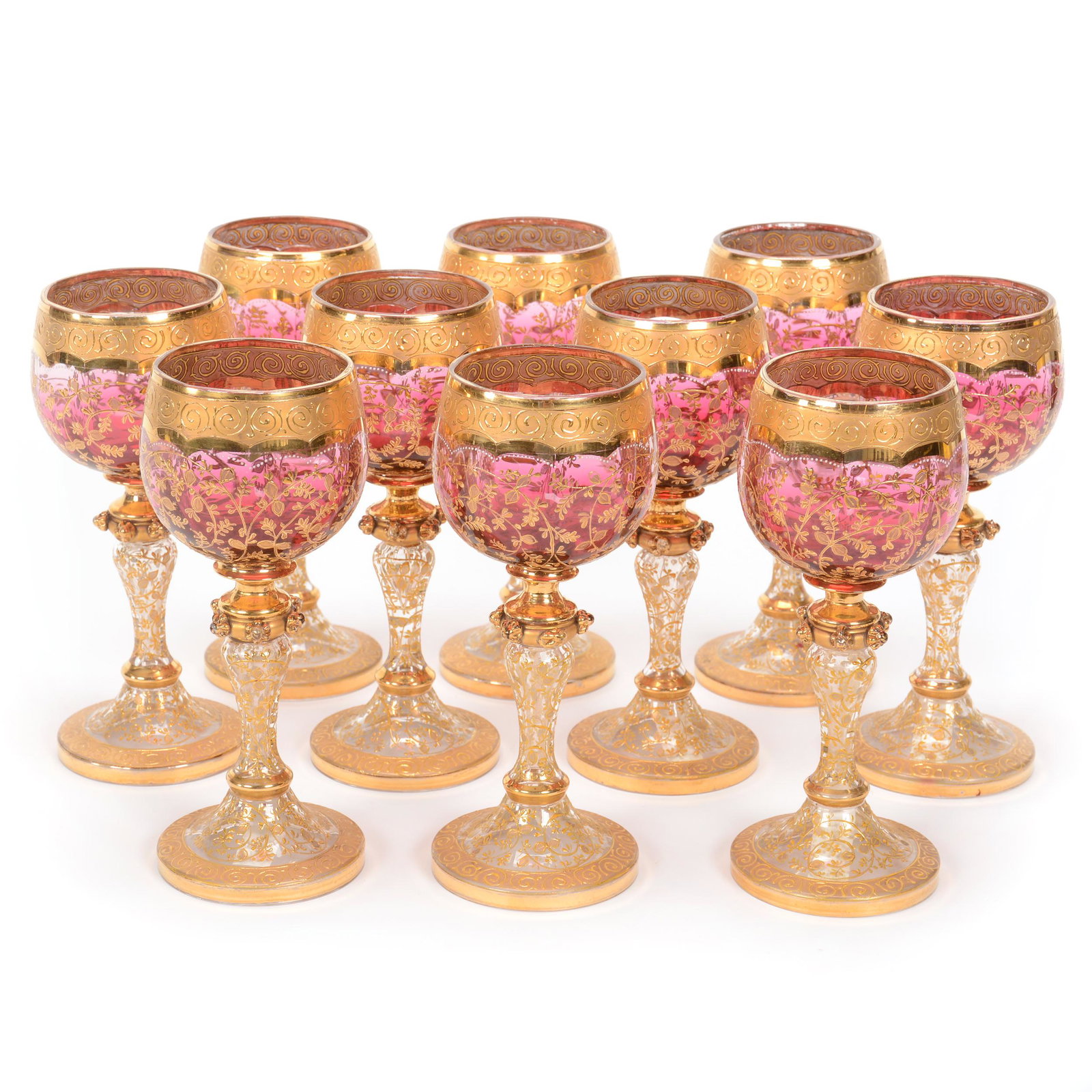(10) Wine Stems, Moser Rubina Art Glass: (10) Wine Stems, Moser Rubina Art Glass, 6.75", Extensive Gold Enamel Vine Decor, Nebraska Collection Of Ron & Pam Blessing