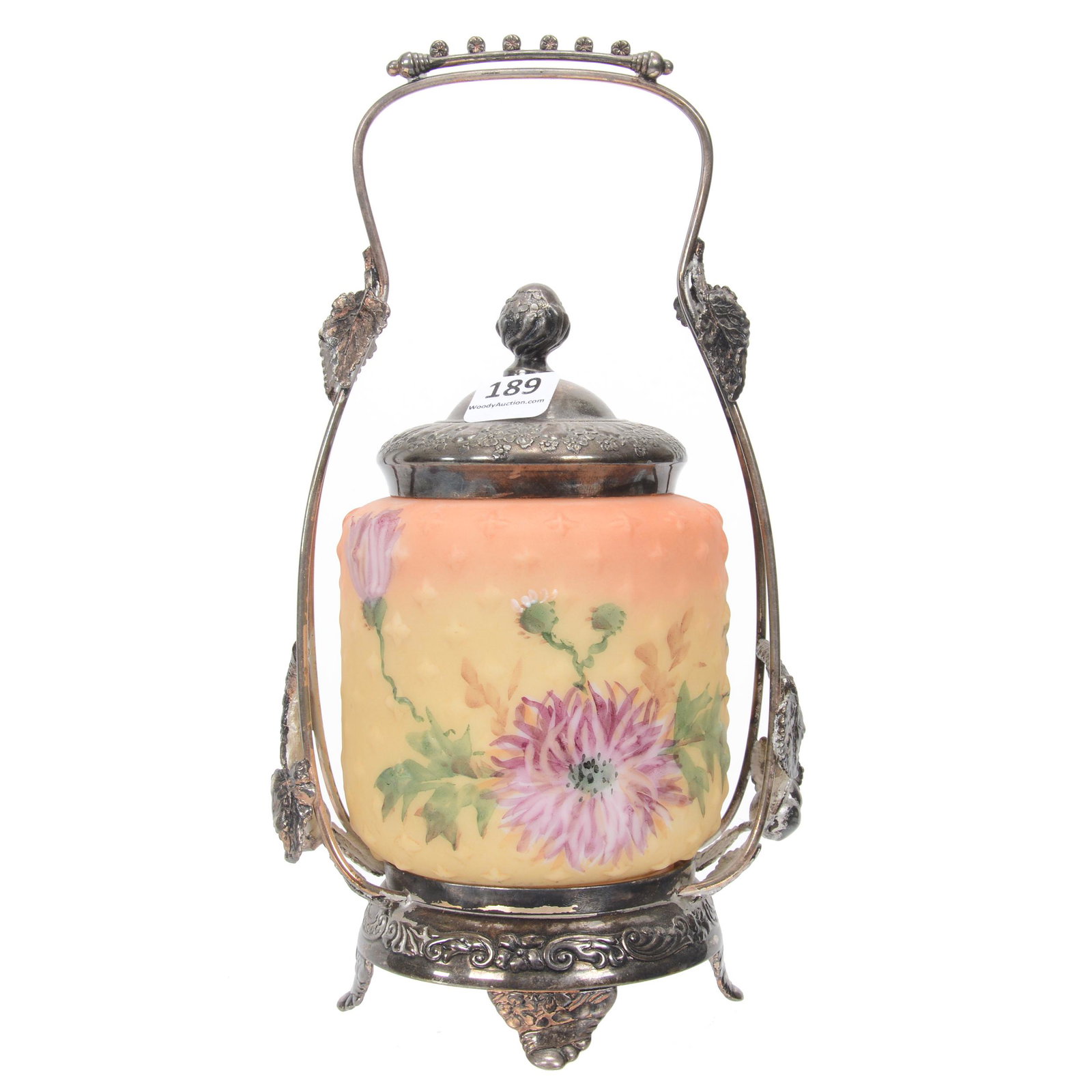 Victorian Pickle Castor, Burmese Color Art Glass: Victorian Pickle Castor, Burmese Color Art Glass, 9.75", Insert With Embossed Diamond Design, Enamel Floral Decor, Set On Pairpoint #666 Silverplate Frame, Nebraska Collection Of Ron & Pam Blessing