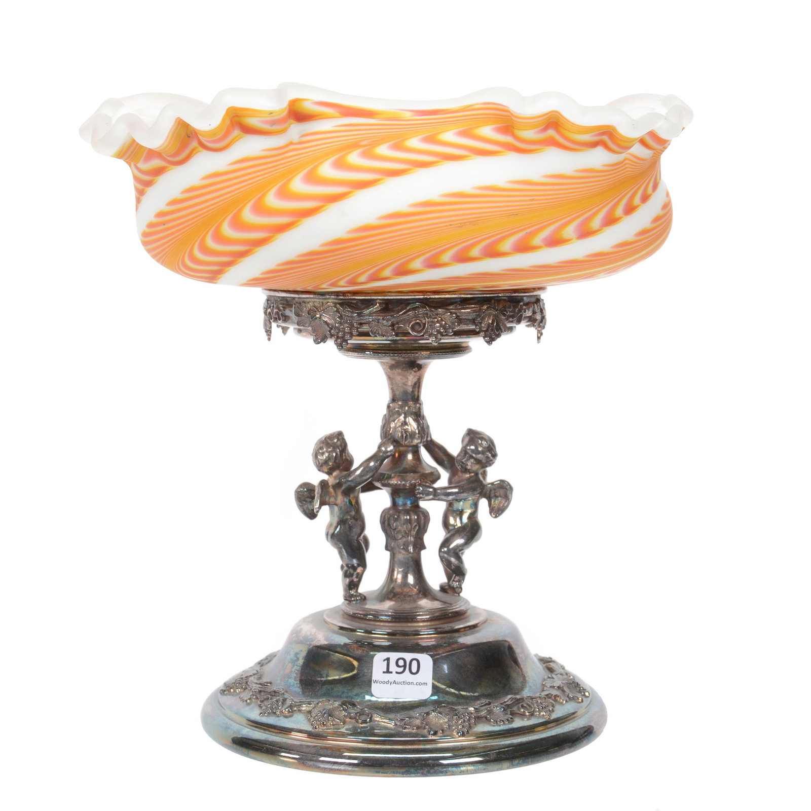 Brides Basket, Incredible Northwood Pullup Art Glass: Brides Basket, Incredible Northwood Pullup Art Glass, 9.5" X 10.25", Art Glass Bowl, Set On Forbes #476 Silverplate Frame With Cherubs, Nebraska Collection Of Ron & Pam Blessing