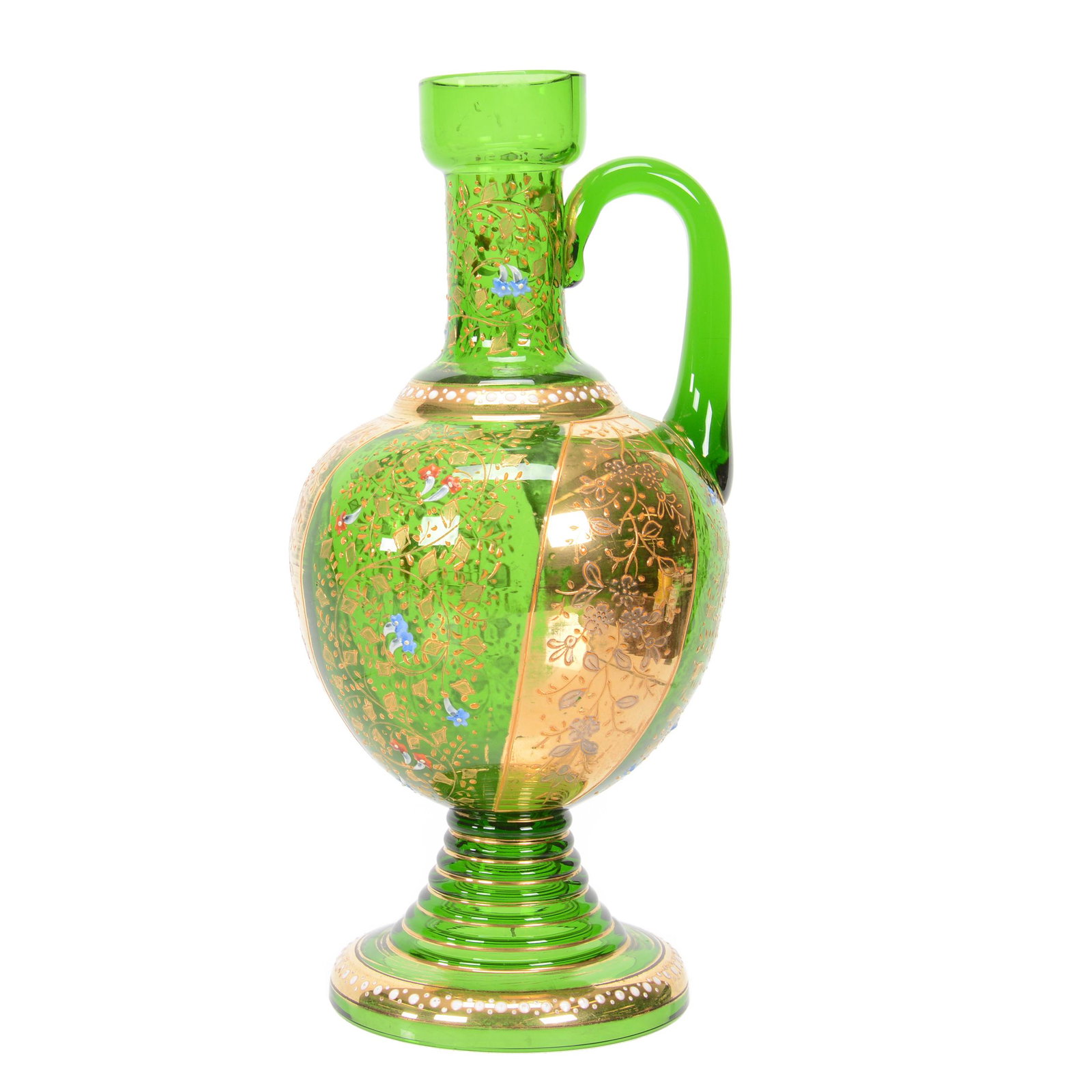 Pedestal Ewer, Moser Green Art Glass: Pedestal Ewer, Moser Green Art Glass, 8.25", Enameled Floral Decor, Nebraska Collection Of Ron & Pam Blessing