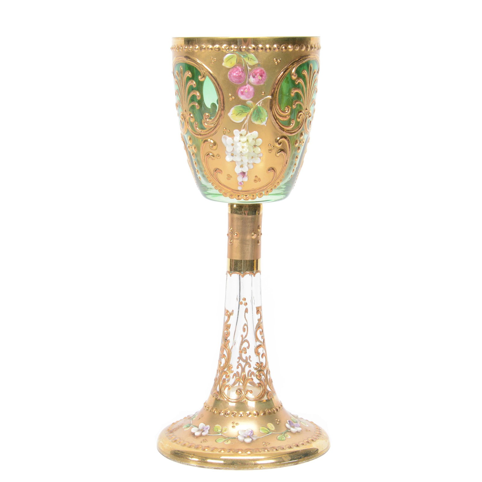 Wine Stem, Bohemian Art Glass: Wine Stem, Bohemian Art Glass, 7.25", Green Shading To Clear, Heavy Gold With Applied Fruit And Floral Decor, Nebraska Collection Of Ron & Pam Blessing