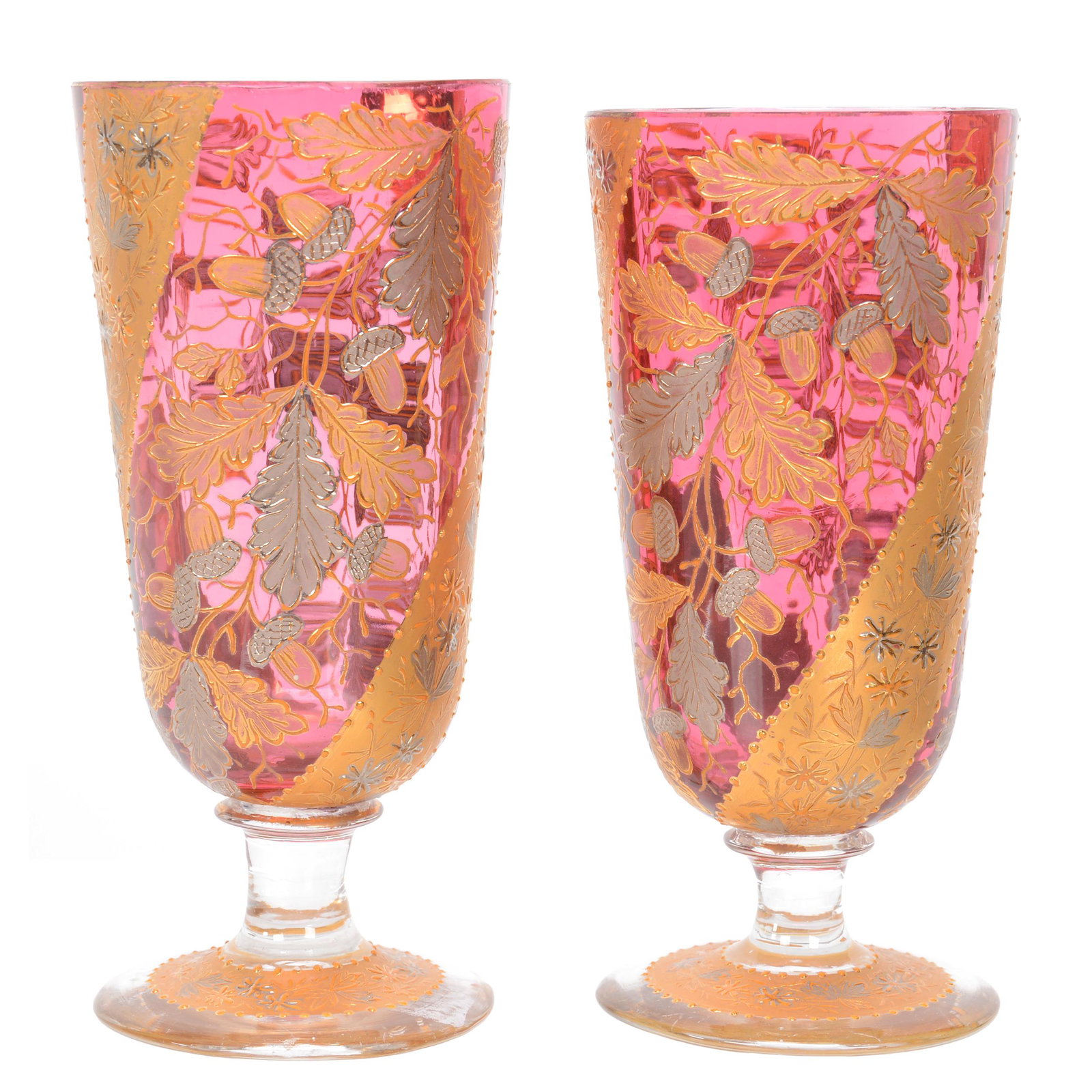 Pair Pedestal Tumblers, Moser Cranberry Art Glass: Pair Pedestal Tumblers, Moser Cranberry Art Glass, 5.75", Clear Stem And Foot, Gold And Silver Acorn Branch Decor, Nebraska Collection Of Ron & Pam Blessing