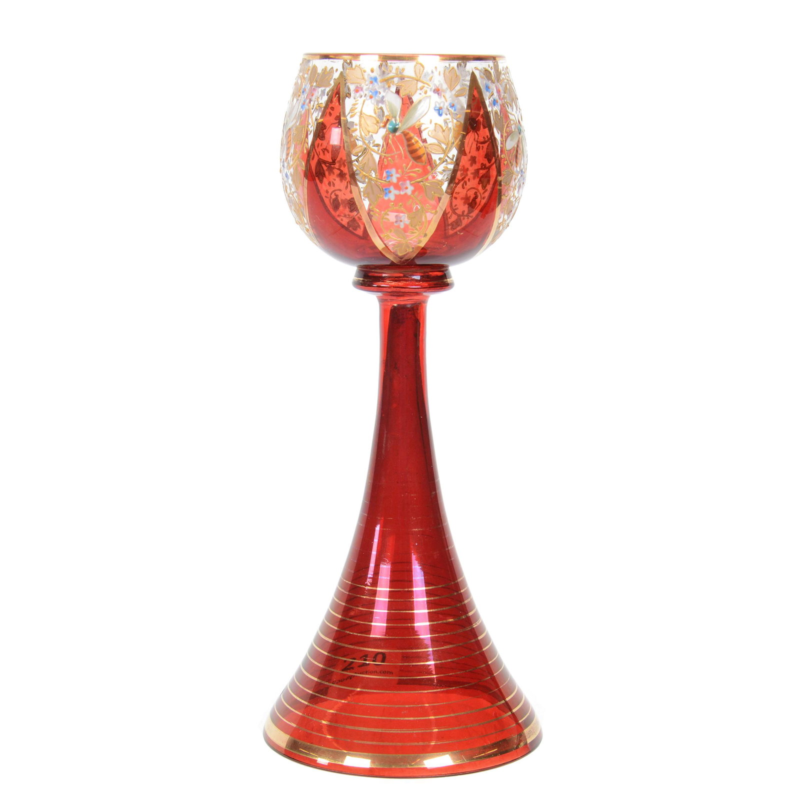 Wine Stem, Attributed To Moser Art Glass: Wine Stem, Attributed To Moser Art Glass, 7.25", Clear And Cranberry Bowl With Fluted Cranberry Stem, Colorful Enamel Insect And Floral Decor, Nebraska Collection Of Ron & Pam Blessing
