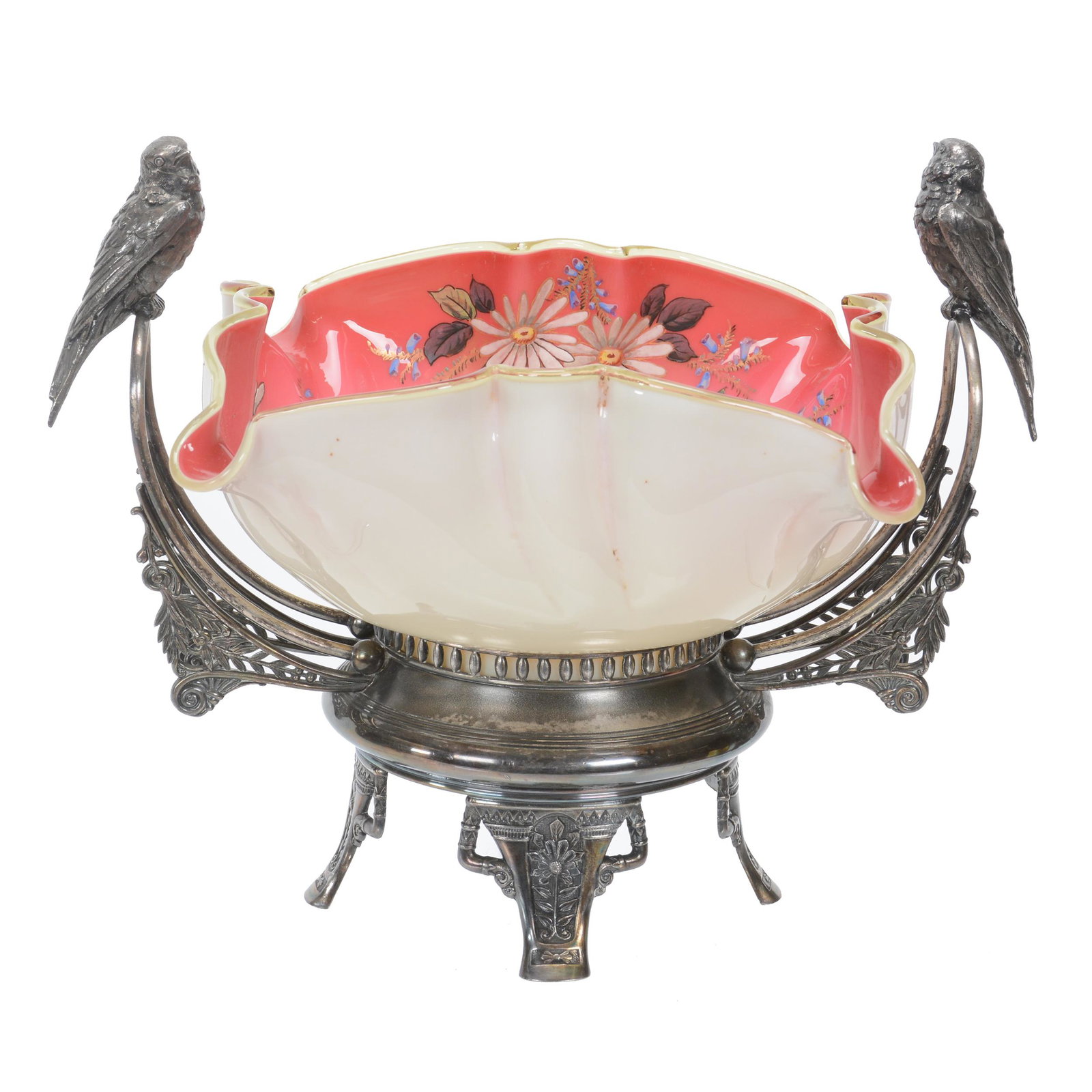 Victorian Brides Basket, Pink/White Cased Art Glass: Victorian Brides Basket, Pink/White Cased Art Glass, 9.75" X 12", Square Bowl With Interior Enamel Daisy Decor, Set On Pairpoint #2164 Silverplate Frame With Two Full Figure Birds Perched On Handle, N