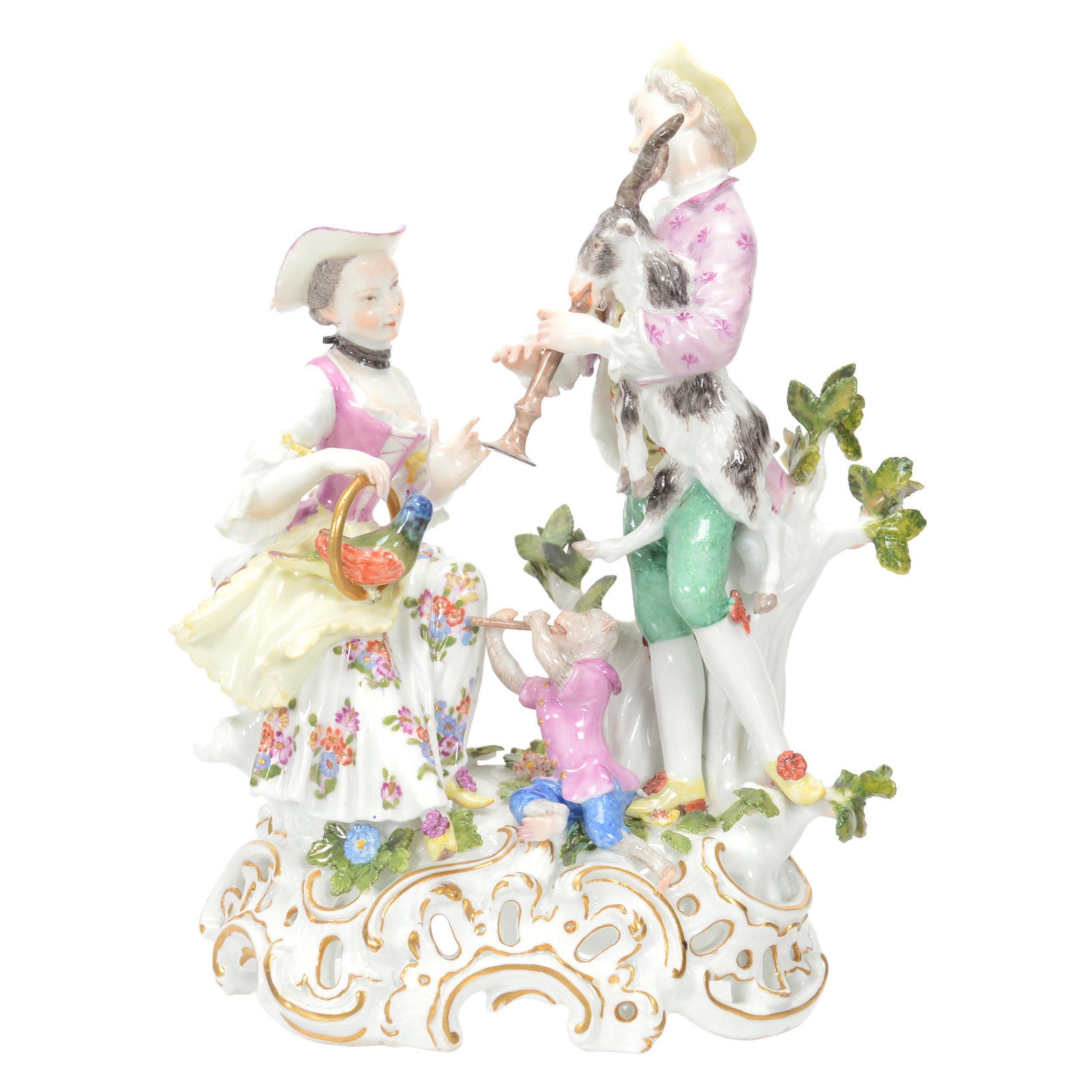 Original Porcelain Musical Group Marked Meissen N63: Original Porcelain Musical Group Marked Meissen N63, 8" X 5.25", Group Features Man Assisting Goat Playing Horn, Monkey Seated at Feet Playing Flute, Woman Holding Parrot On Ring Perch, Early 19th Cen