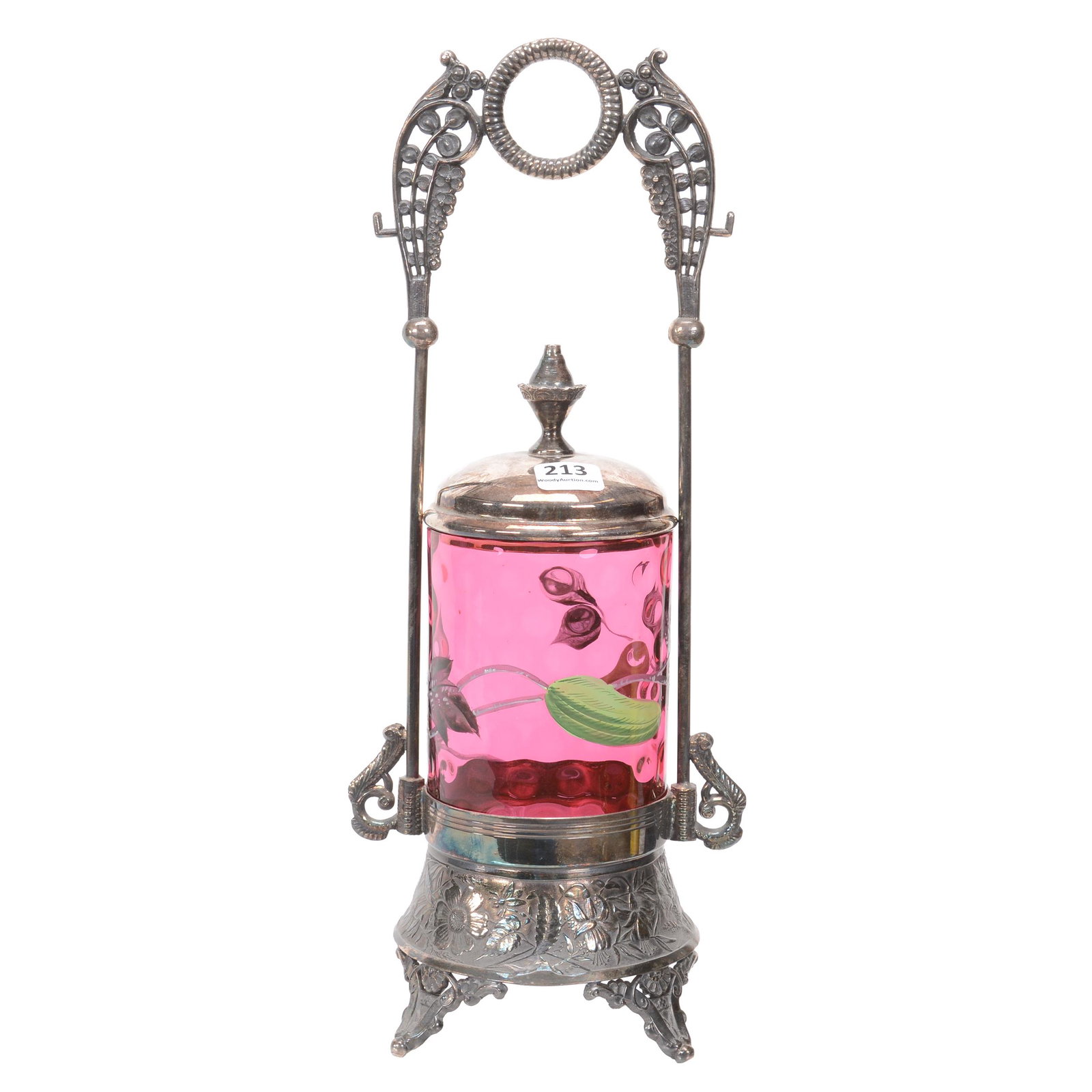 Victorian Pickle Castor Cranberry Coinspot Art Glass: Victorian Pickle Castor Cranberry Coinspot Art Glass, 13.25", Insert With Enamel Cucumber Vine Decor, Set On Webster #19 Silverplate Frame, Nebraska Collection Of Ron & Pam Blessing