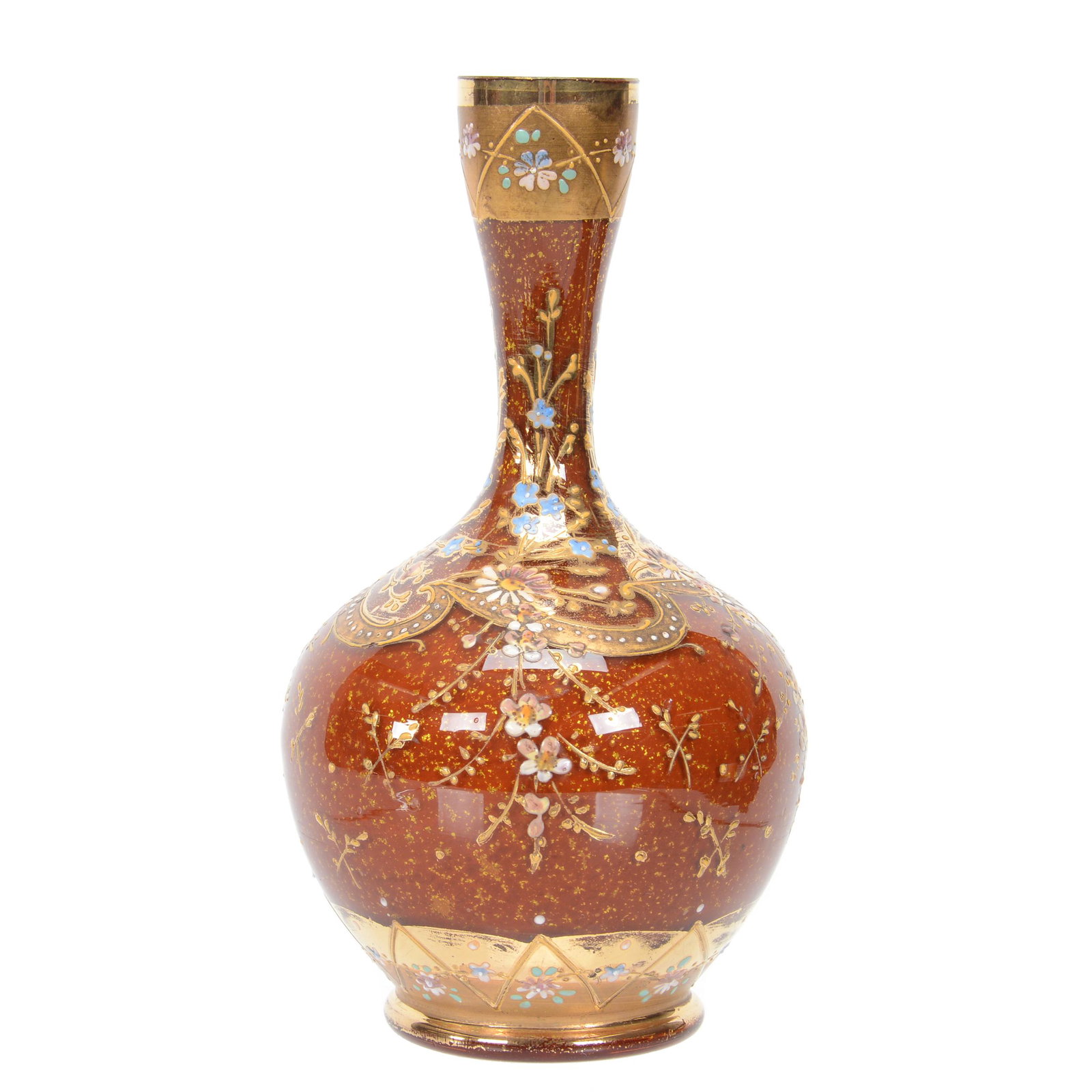 Vase, Cased Brown And Gold Mica Art Glass: Vase, Cased Brown And Gold Mica Art Glass, 7.25", Enamel Floral Decor, Nebraska Collection Of Ron & Pam Blessing