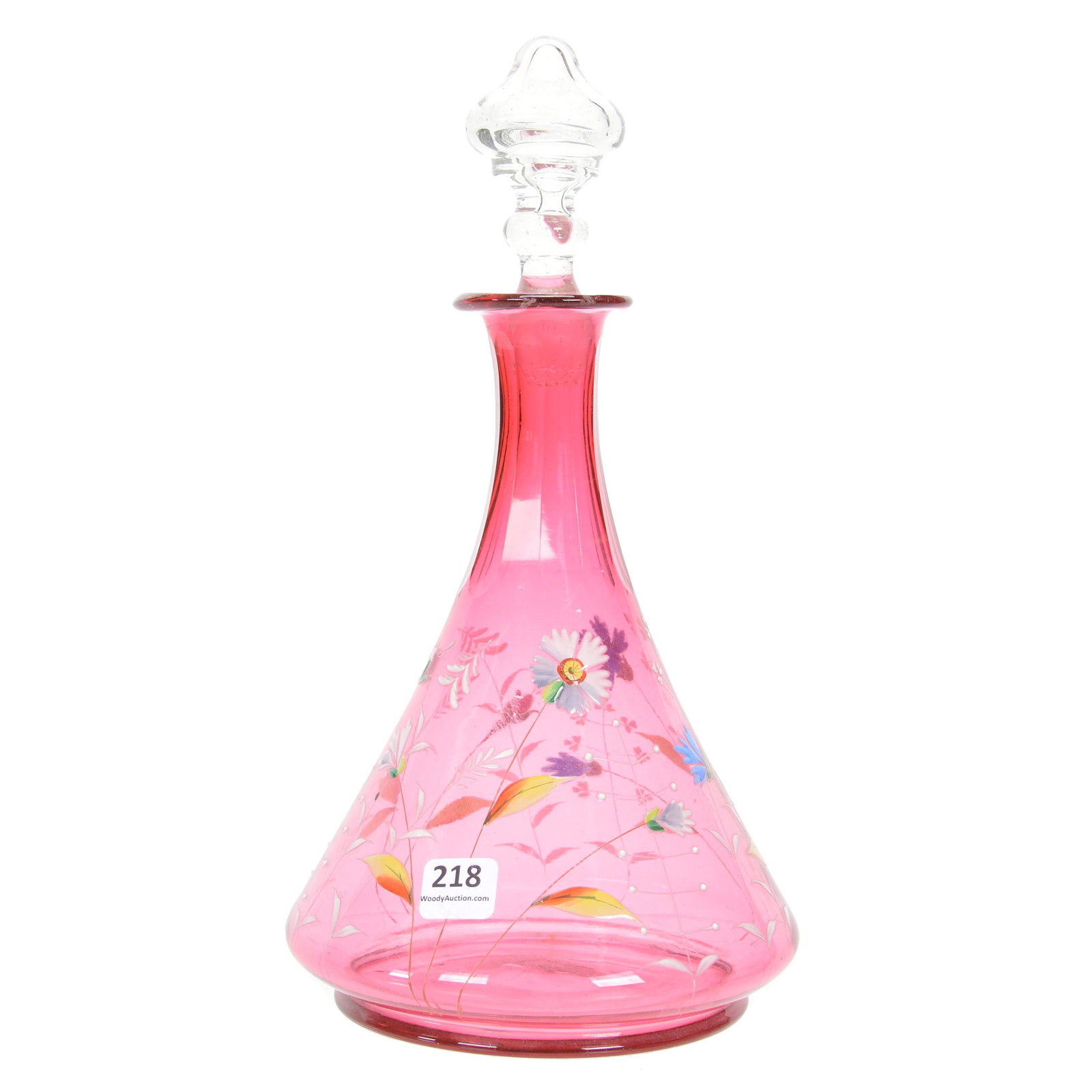 Decanter, Moser Style Cranberry Art Glass: Decanter, Moser Style Cranberry Art Glass, 11.5", Colorful Enamel Floral Decor, Polished Pontil Base, Nebraska Collection Of Ron & Pam Blessing