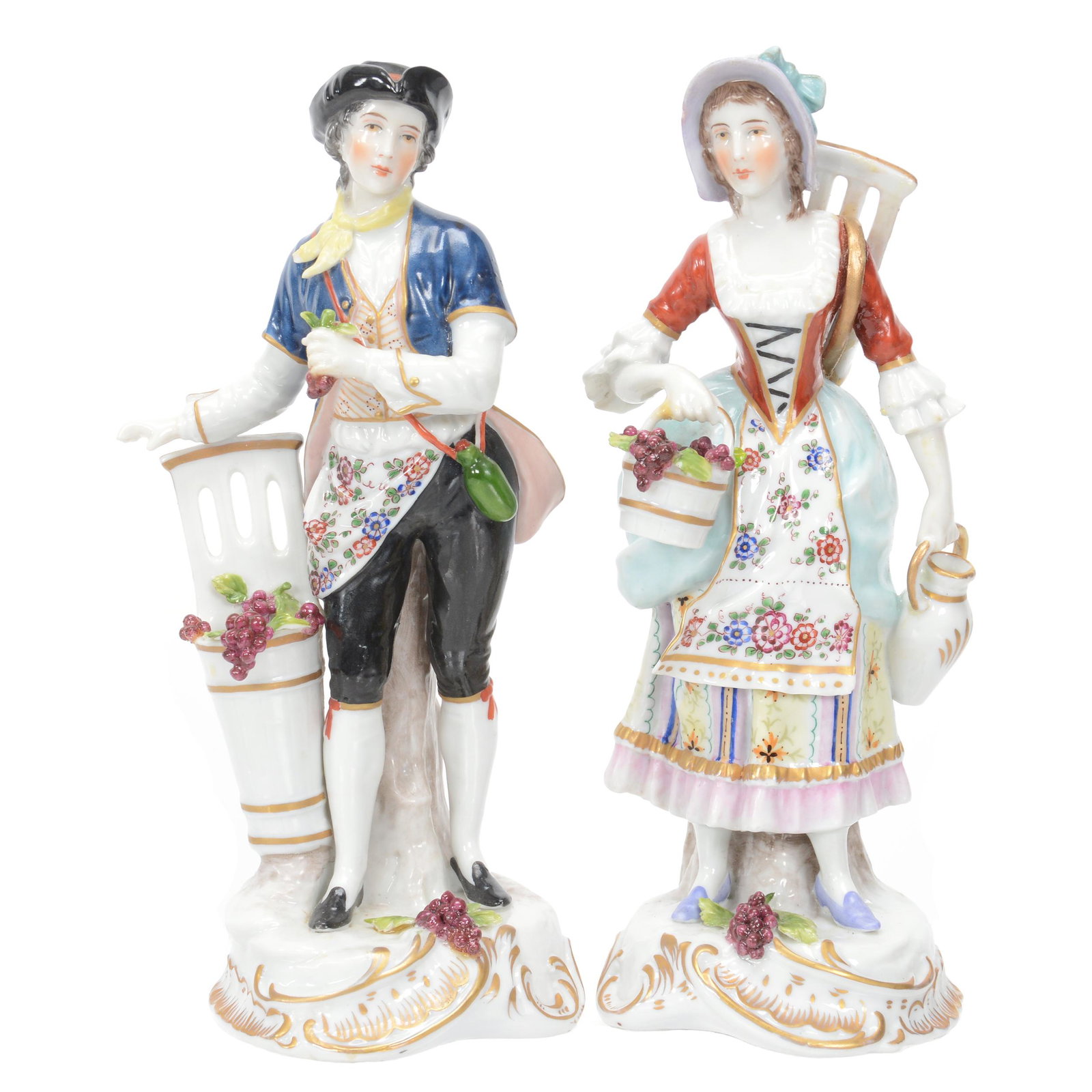 Pair Porcelain Figurines Attributed To Sitzendorf: Pair Porcelain Figurines Attributed To Sitzendorf, 7.75", Man And Woman Harvesting Grapes, Fingers On Man's Right Hand Have Light Chipping, Collection Of Sylvia And The Late Nolan Jackson